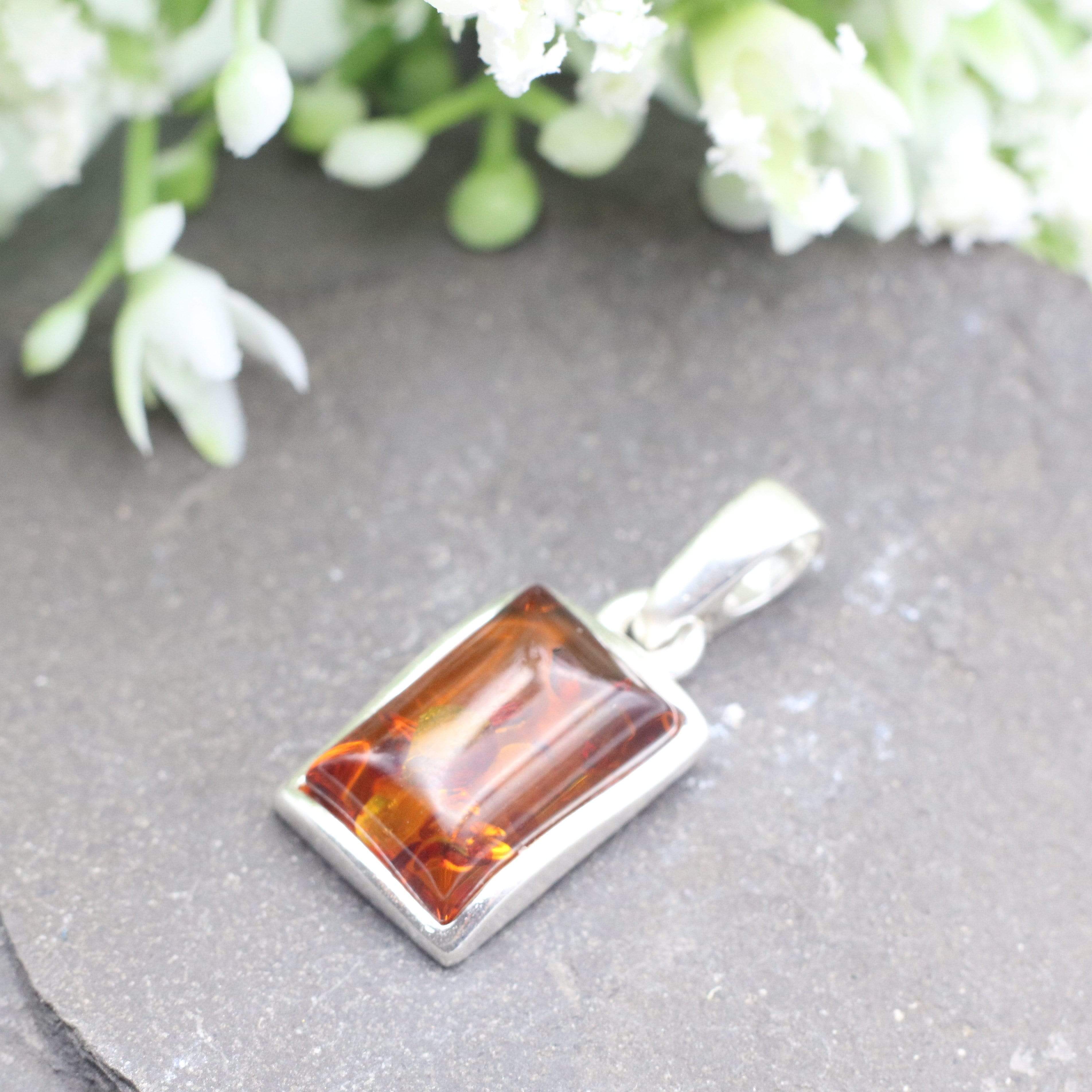 Hepburn and Hughes Baltic Amber Pendant, Rectangle in Sterling Silver