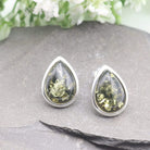 Hepburn and Hughes Baltic Green Amber Earrings, stud teardrop in Sterling Silver