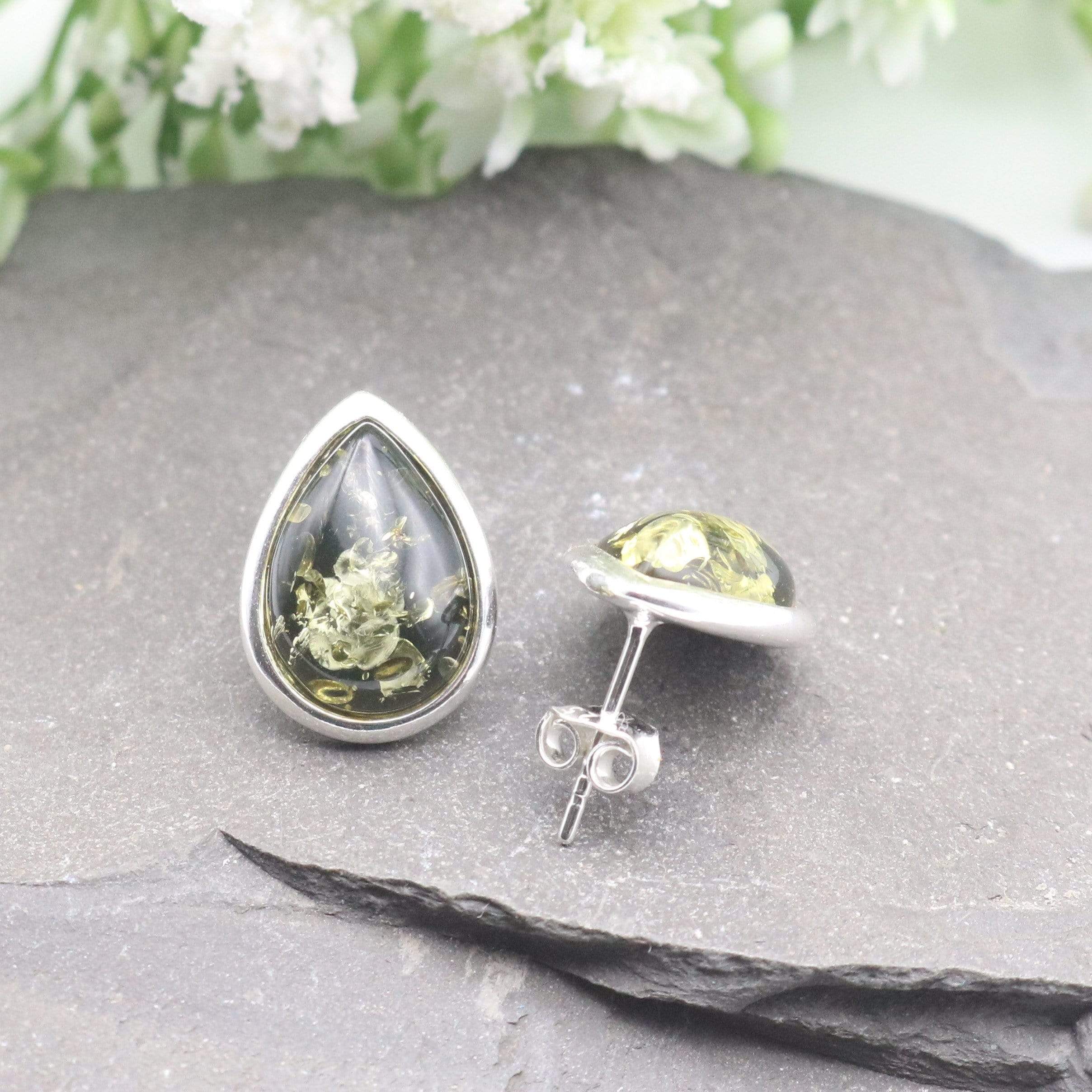 Hepburn and Hughes Baltic Green Amber Earrings, stud teardrop in Sterling Silver