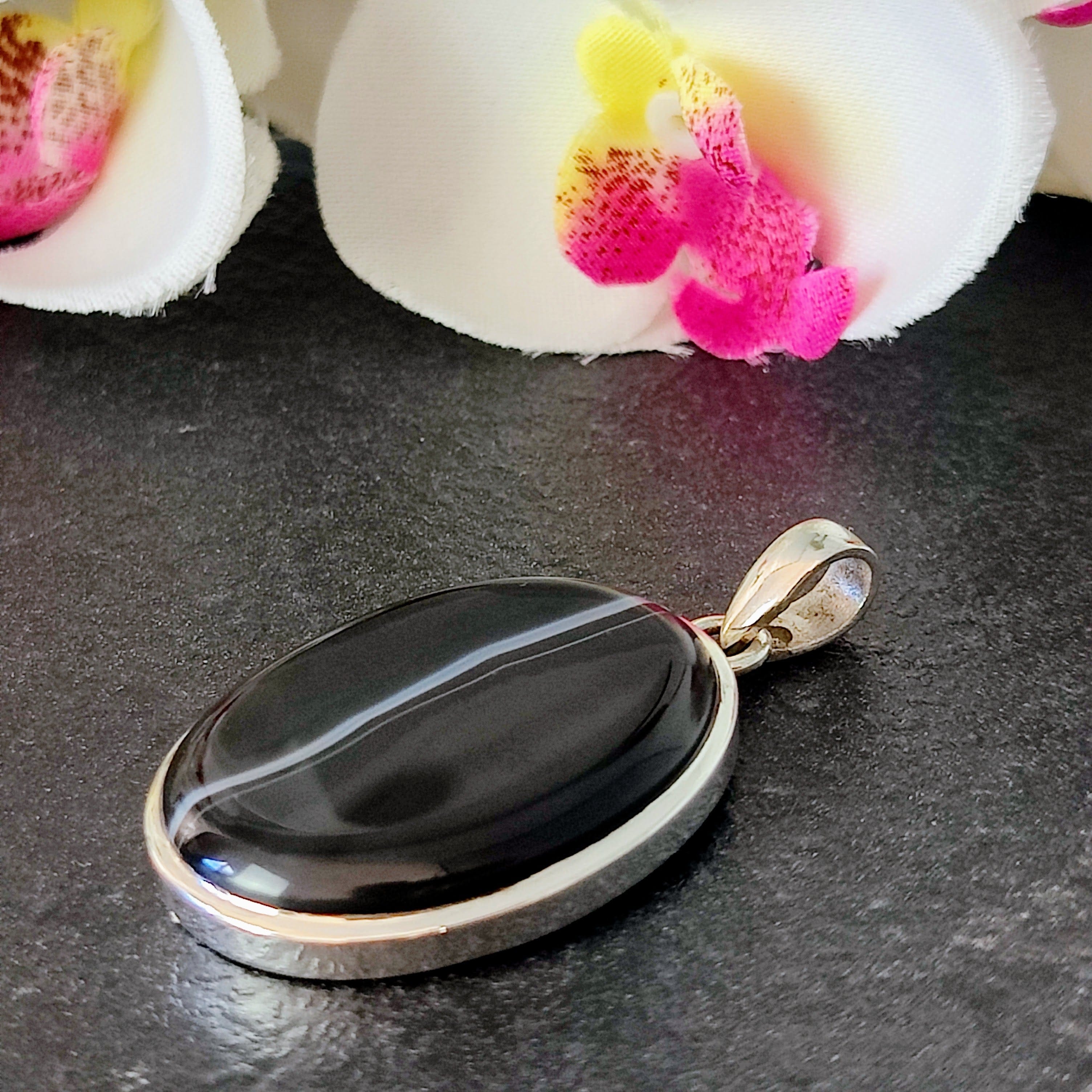 Hepburn and Hughes Banded Black Onyx Pendant | Oval | Sterling Silver