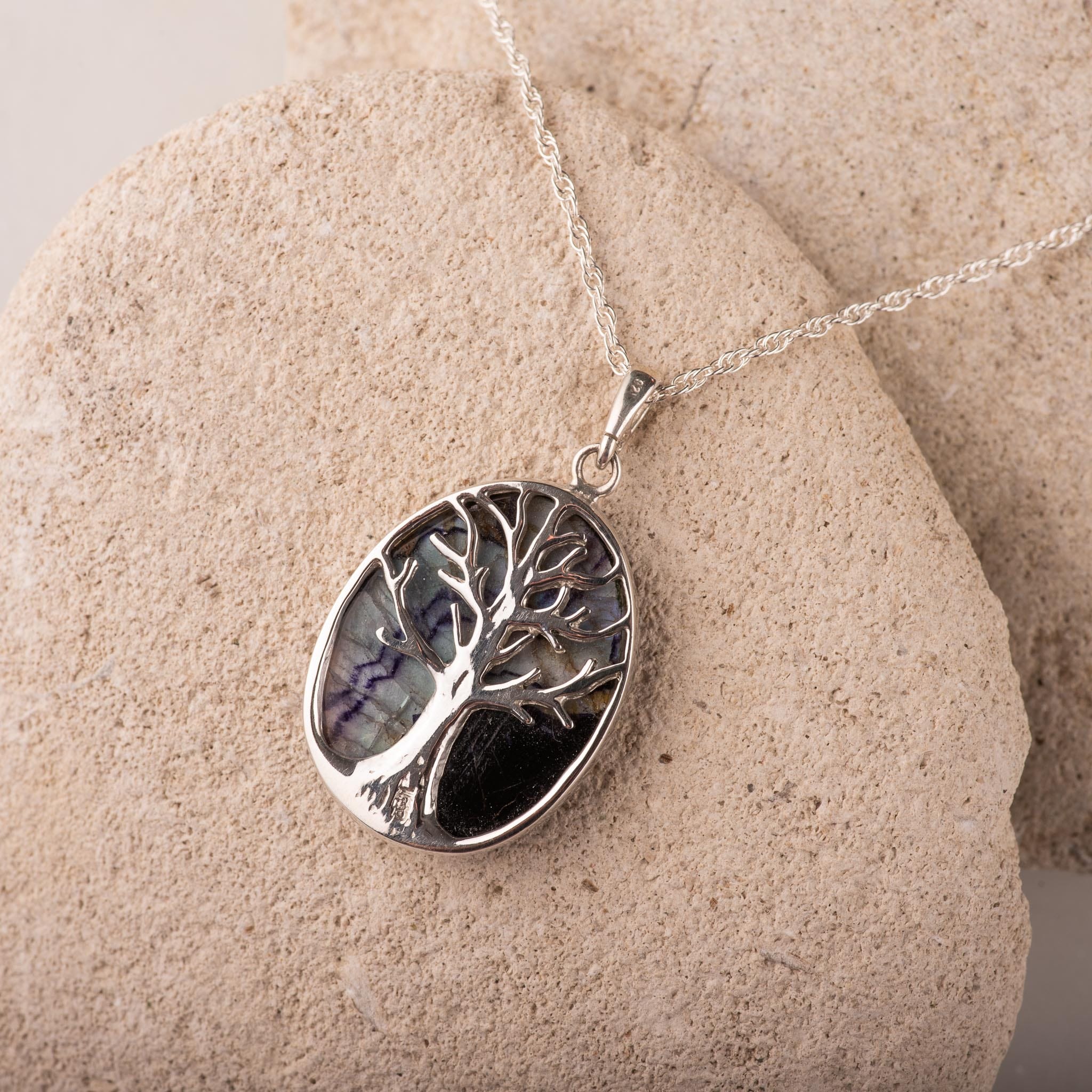 Hepburn and Hughes Blue John Pendant | Tree of Life | Oval | Sterling Silver