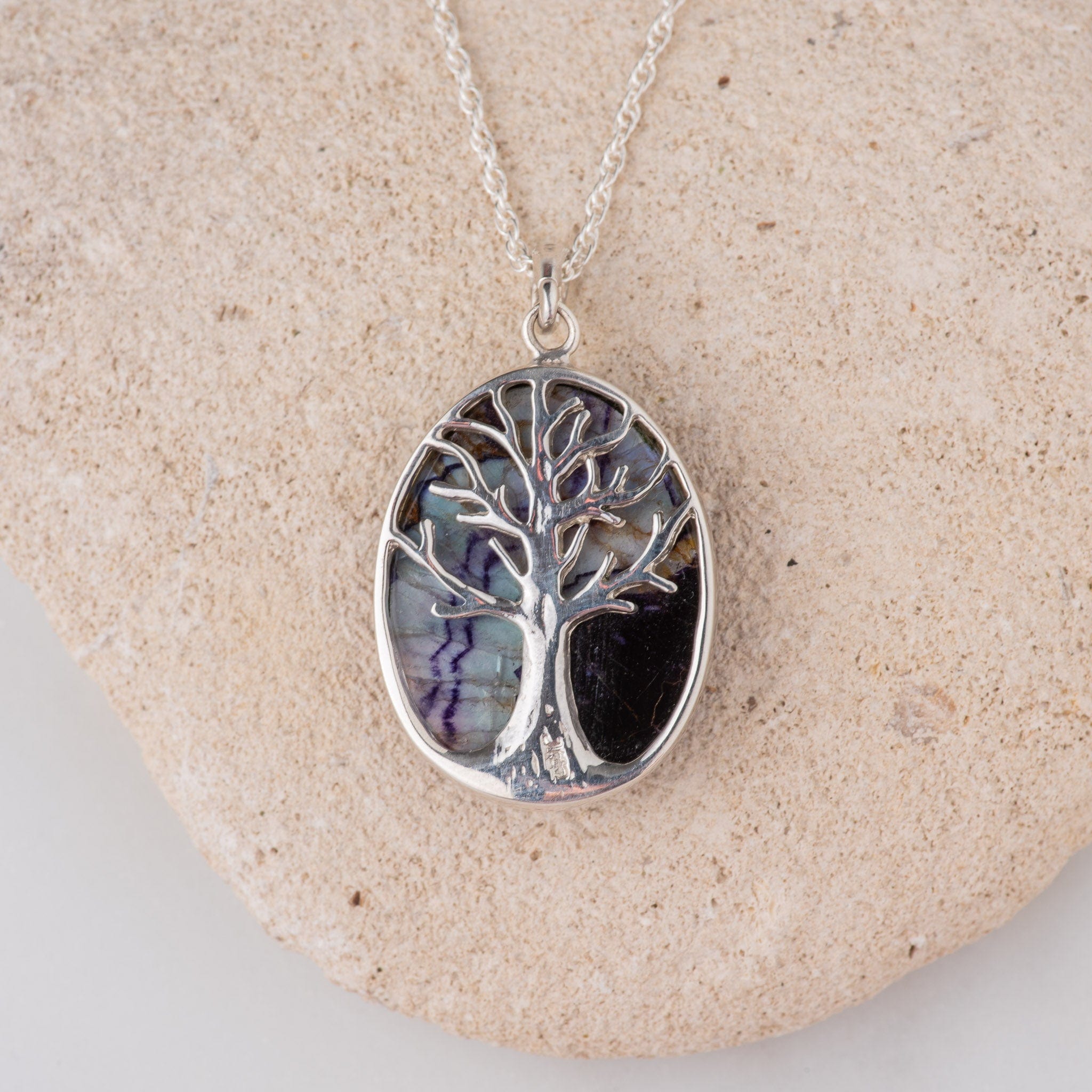 Hepburn and Hughes Blue John Pendant | Tree of Life | Oval | Sterling Silver
