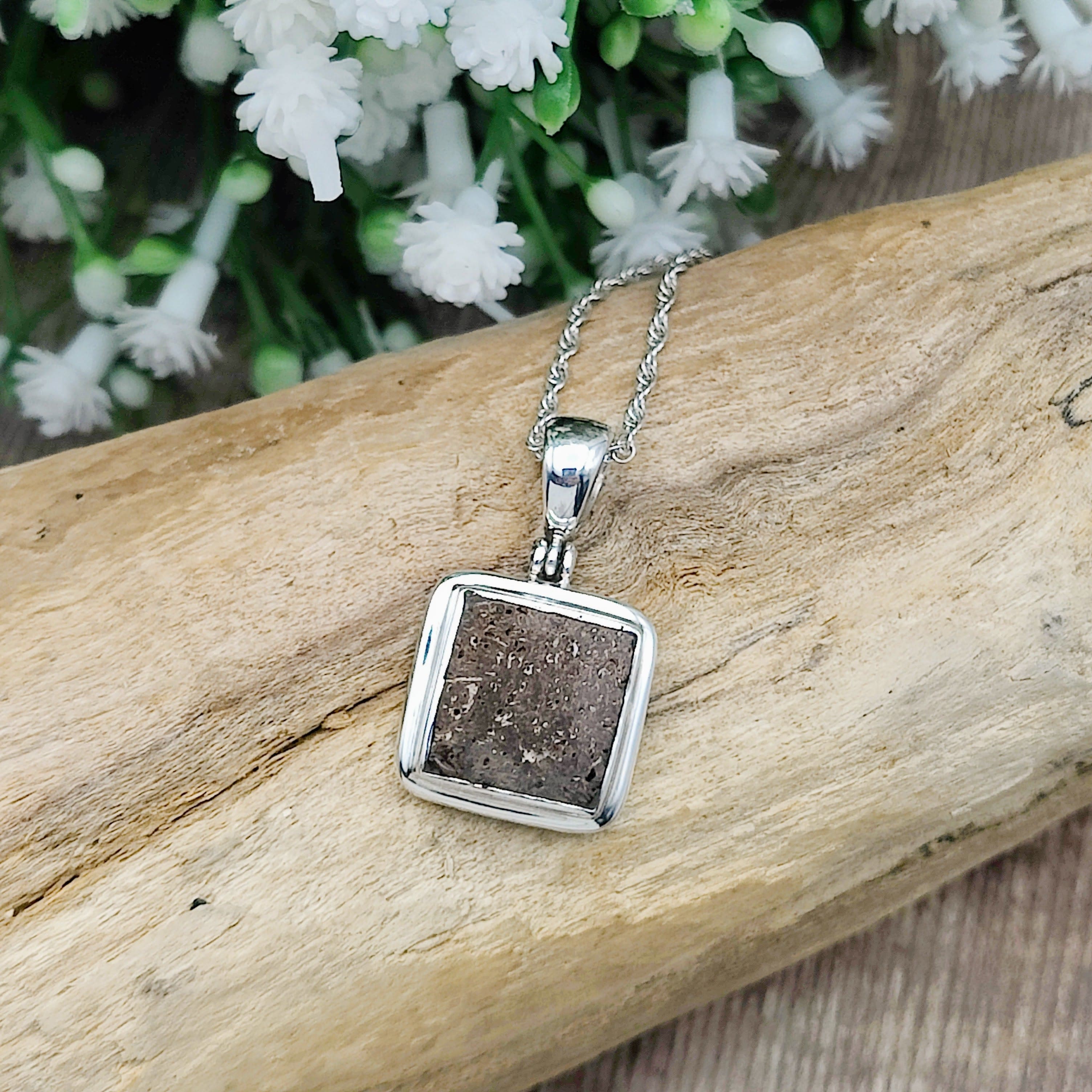 Hepburn and Hughes Dinosaur Bone Pendant | Fossilised Triceratops | Square | Sterling Silver