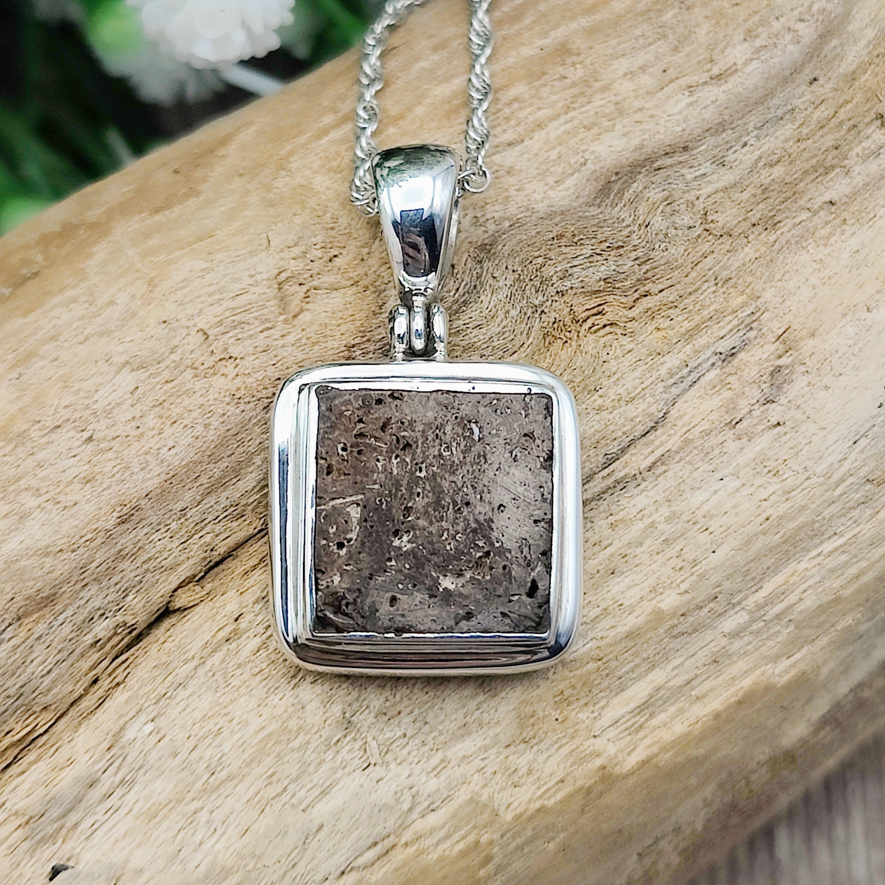 Hepburn and Hughes Dinosaur Bone Pendant | Fossilised Triceratops | Square | Sterling Silver