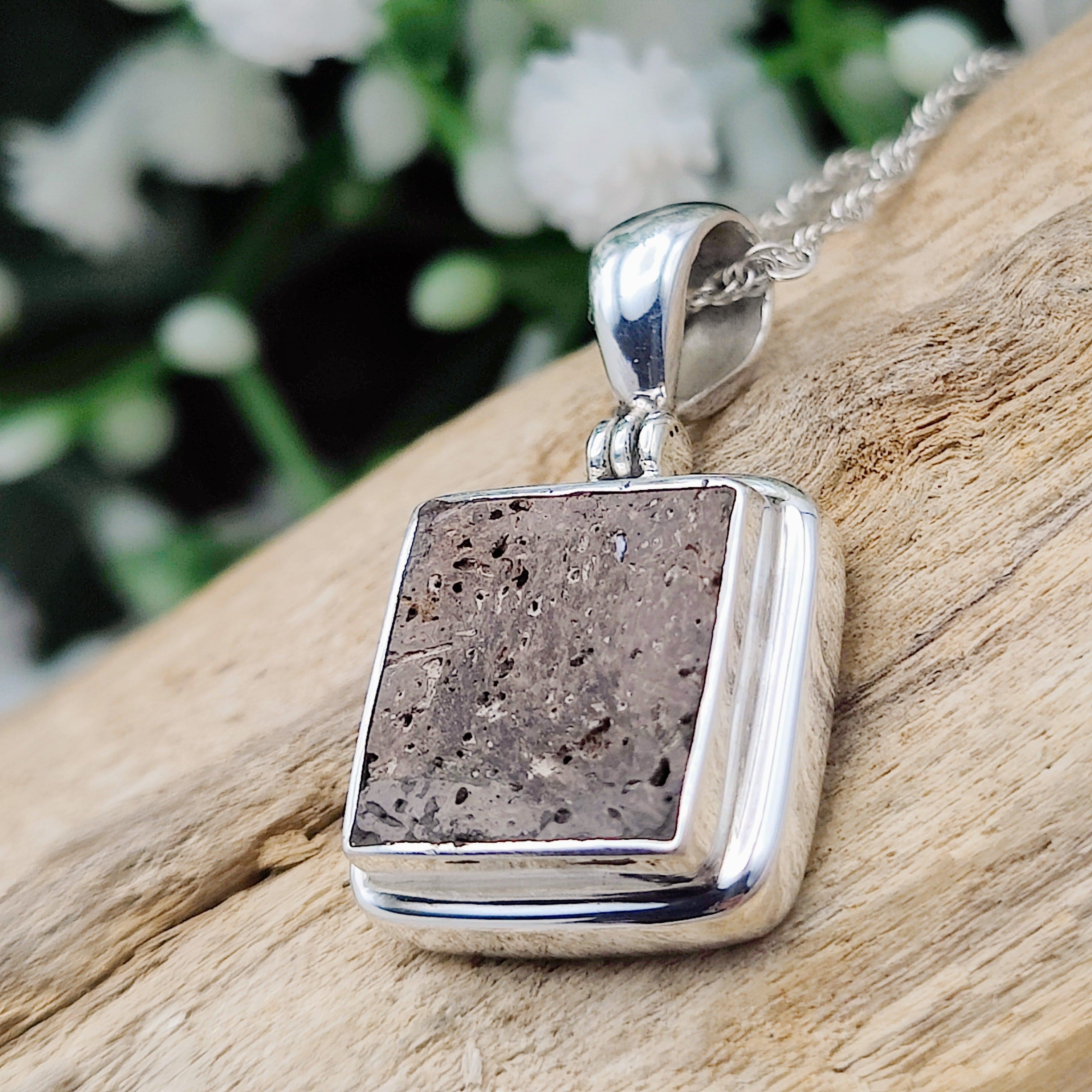 Hepburn and Hughes Dinosaur Bone Pendant | Fossilised Triceratops | Square | Sterling Silver