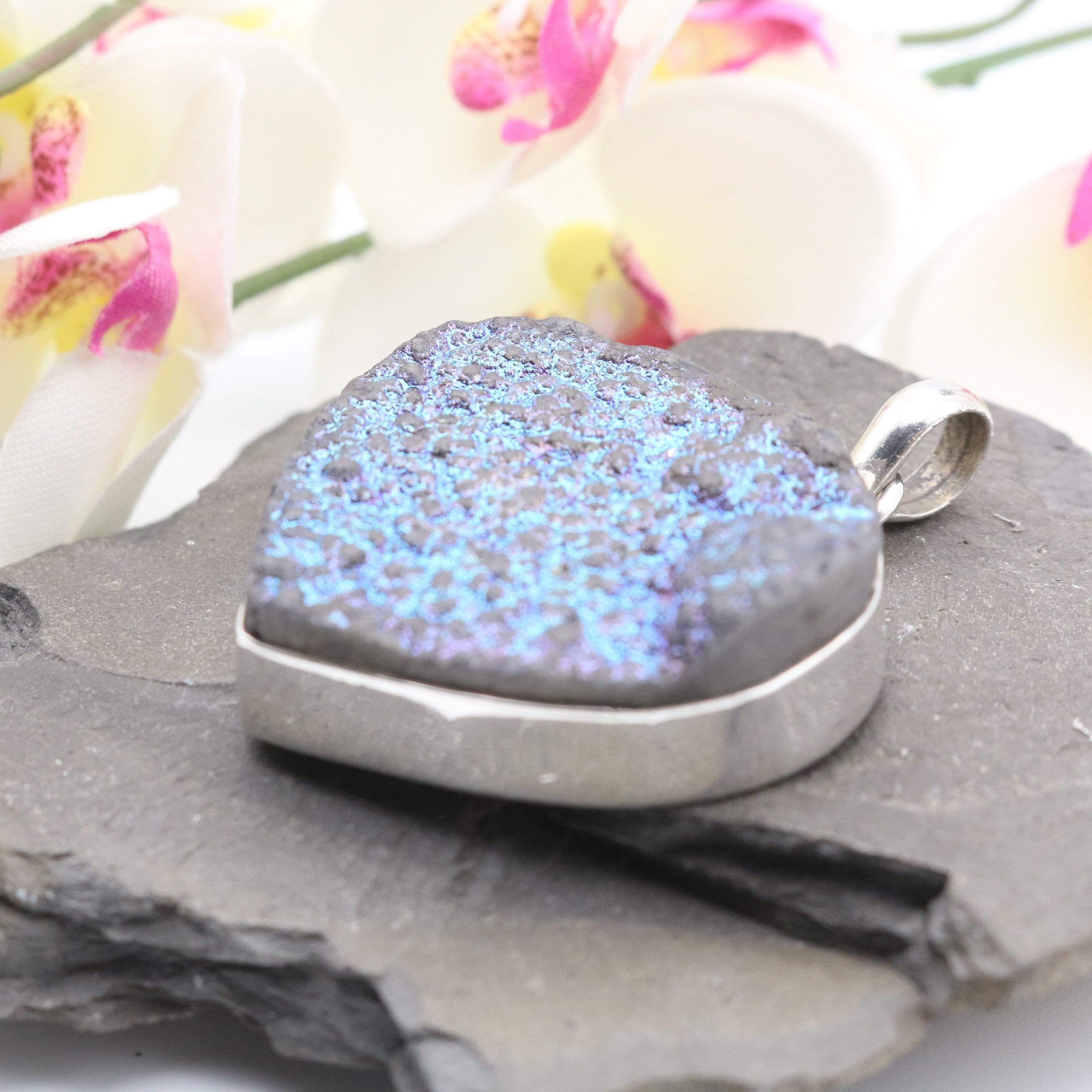 Hepburn and Hughes Druzy Quartz Pendant | Curved Triangle | Sterling Silver