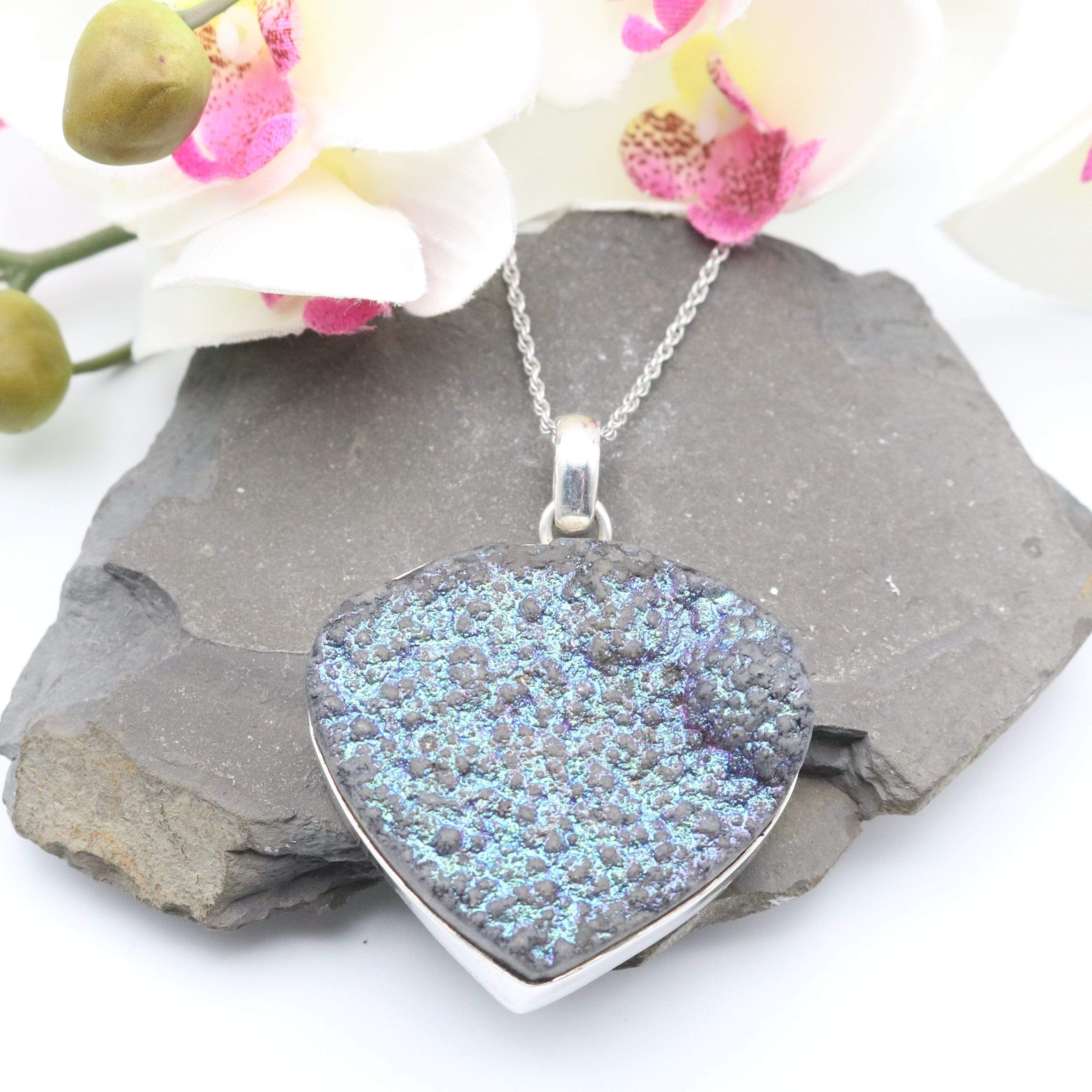 Hepburn and Hughes Druzy Quartz Pendant | Curved Triangle | Sterling Silver