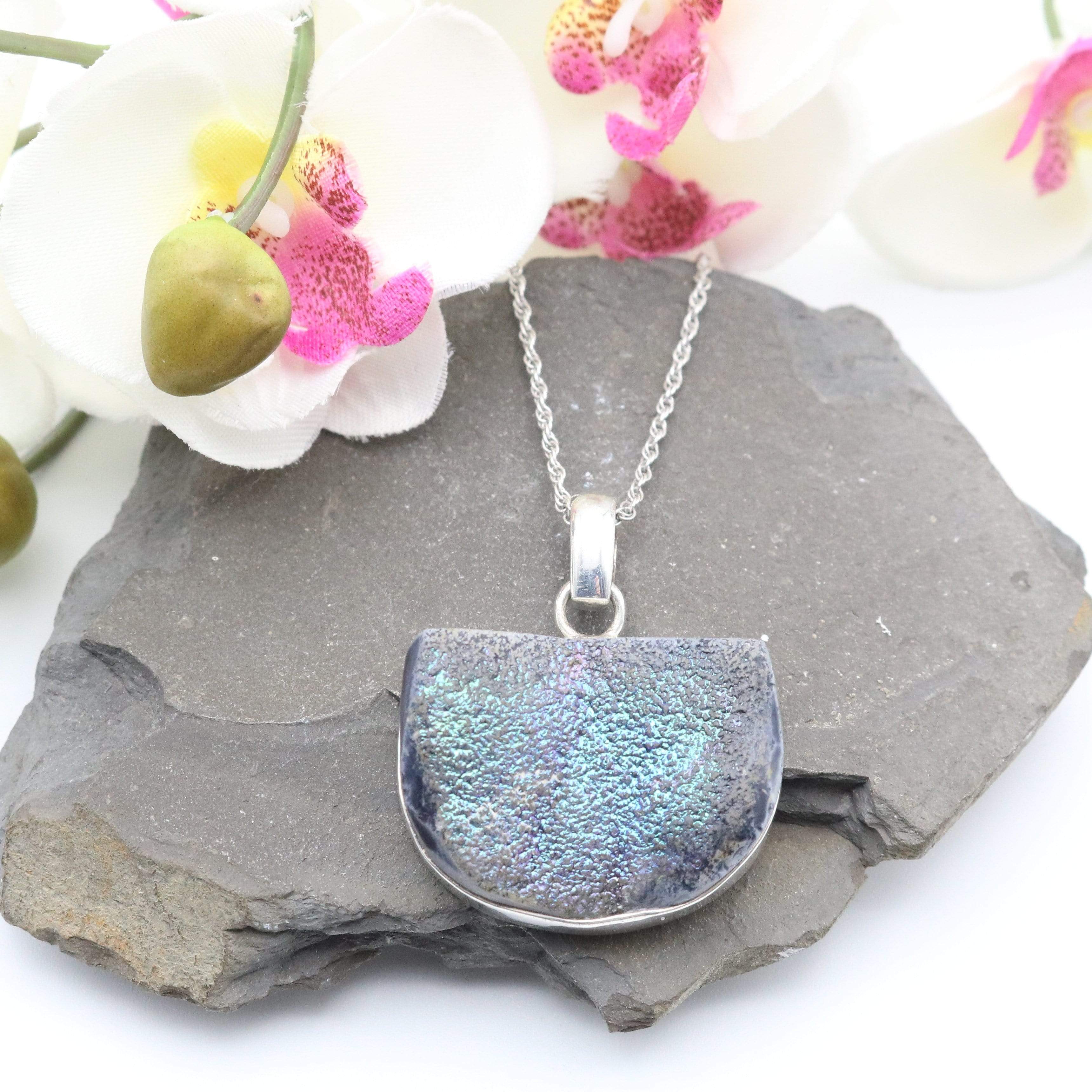 Hepburn and Hughes Druzy Quartz Pendant | Half Moon | Sterling Silver