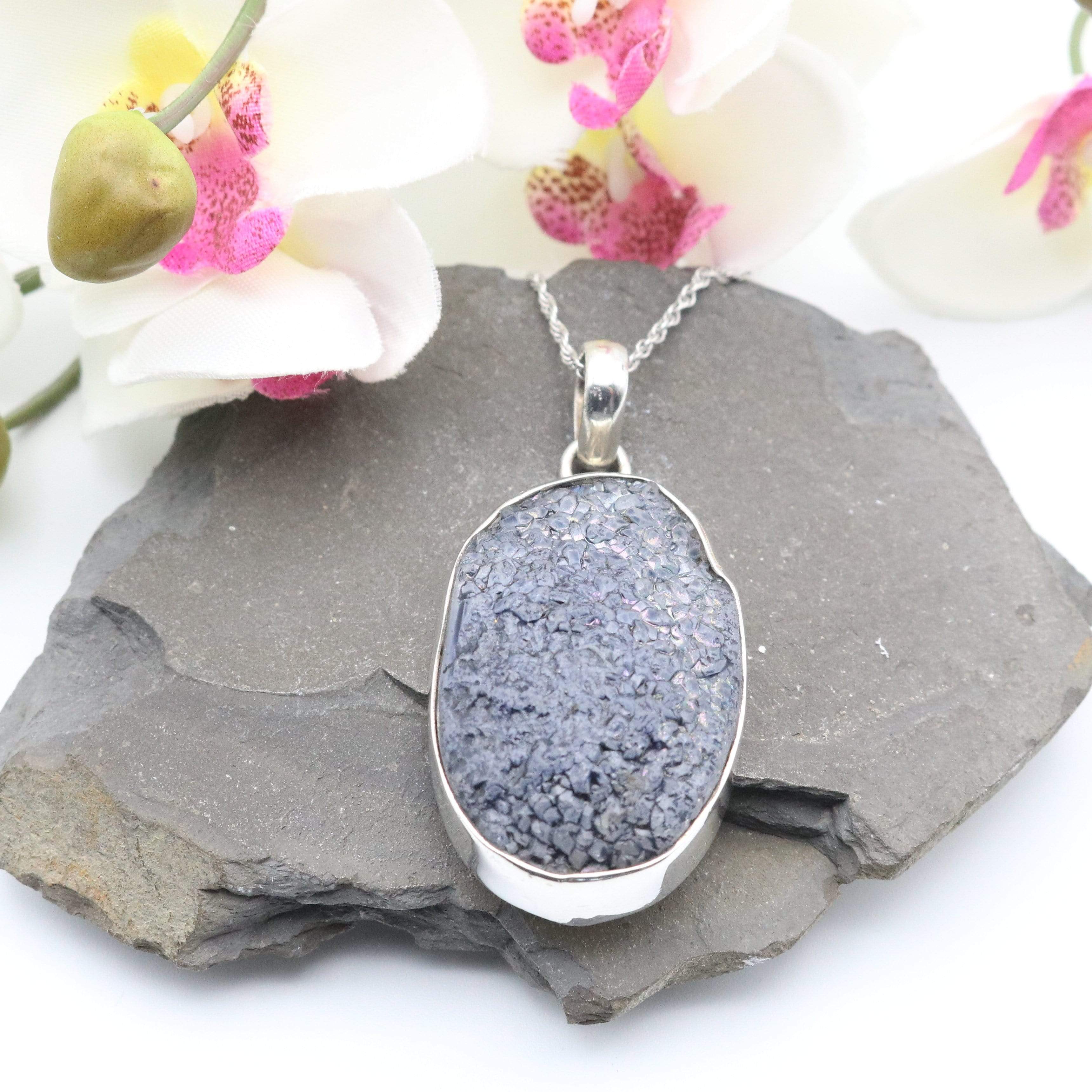 Hepburn and Hughes Druzy Quartz Pendant | Oval | Sterling Silver