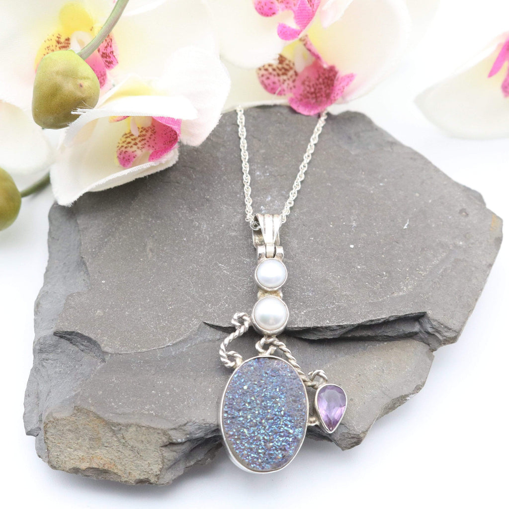 Hepburn and Hughes Druzy Quartz Pendant | With Pearl and Amethyst | Sterling Silver