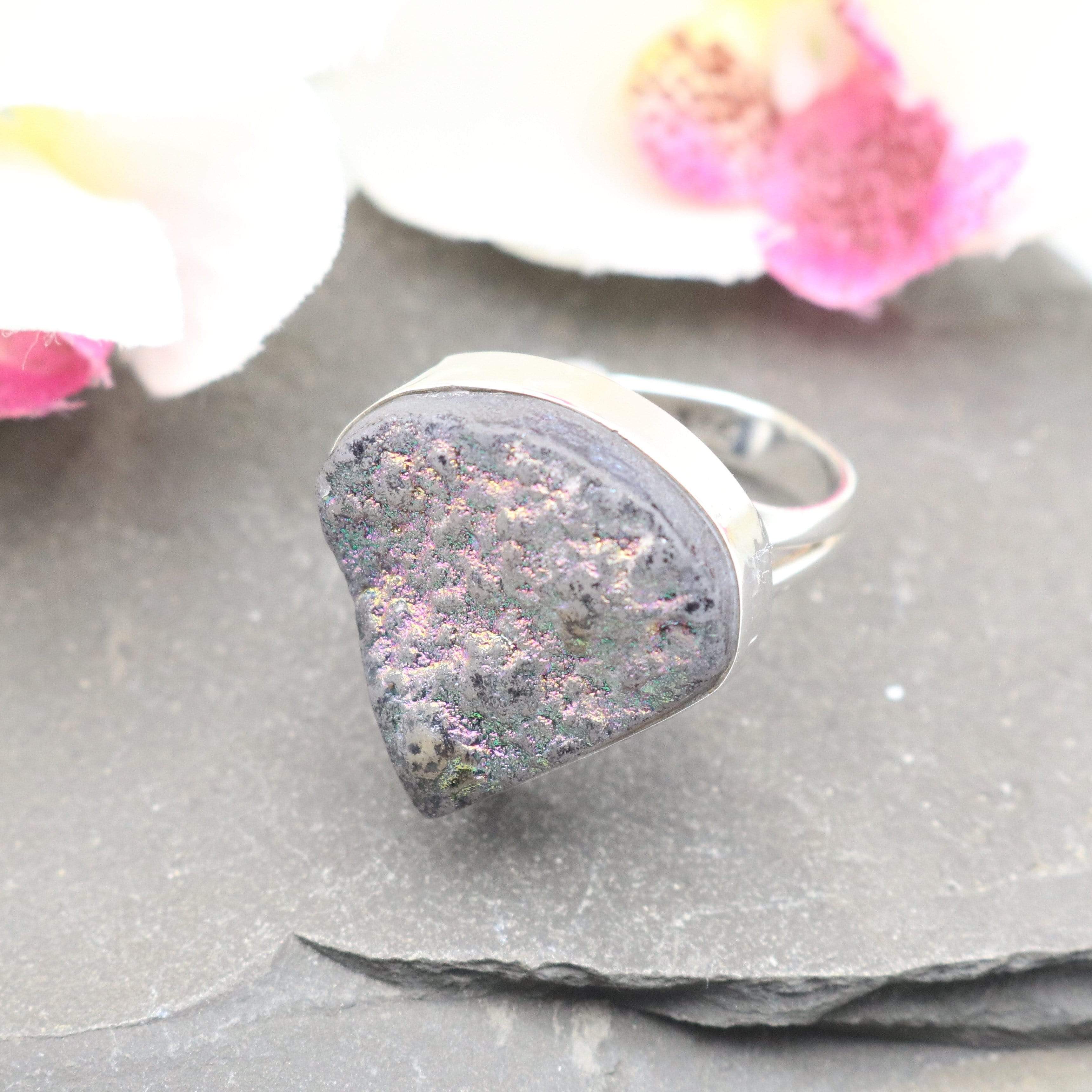 Hepburn and Hughes Druzy Quartz Ring | Triangle | Size P | Sterling Silver