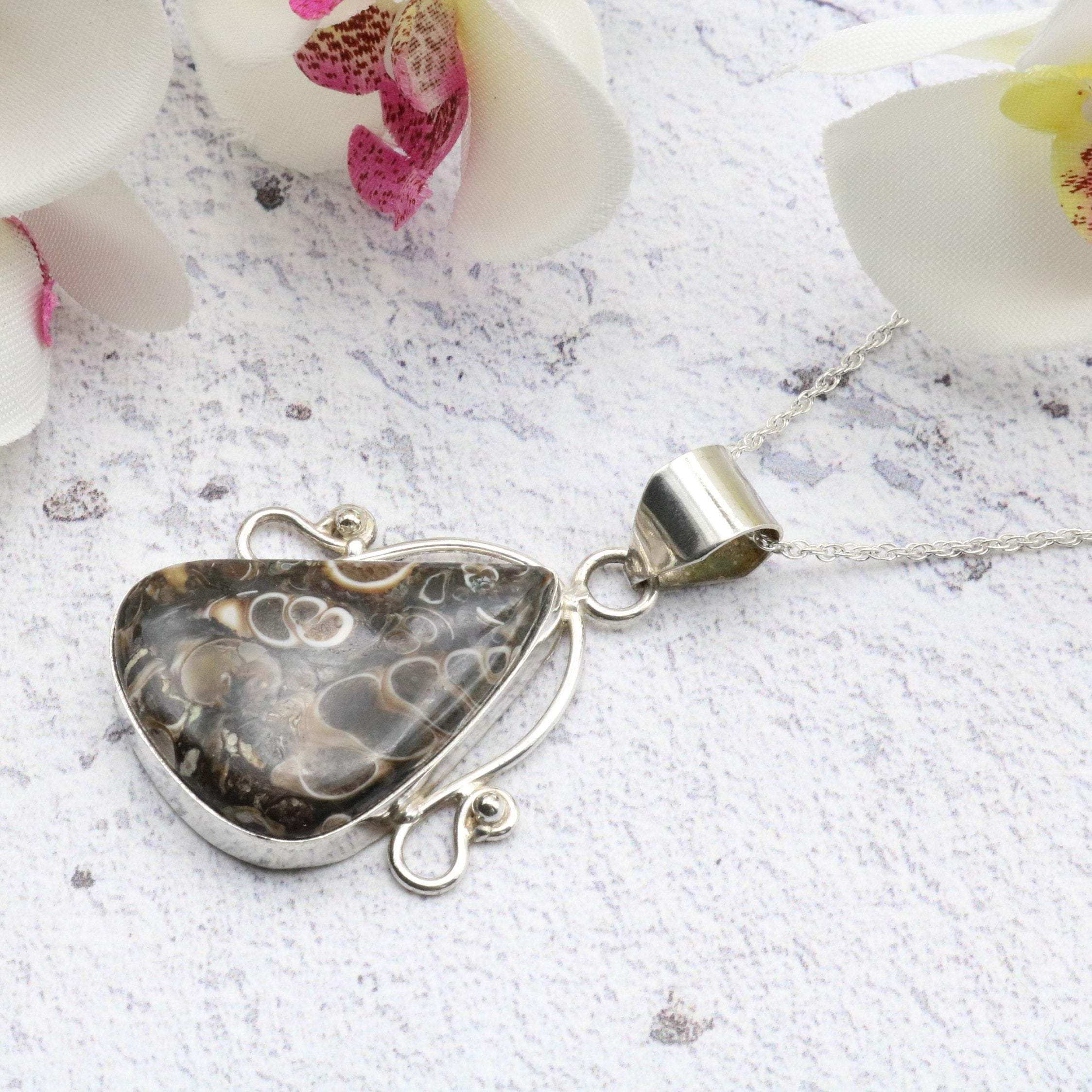 Hepburn and Hughes Fossilised Turritella Shell Pendant, Curved Triangle in Sterling Silver