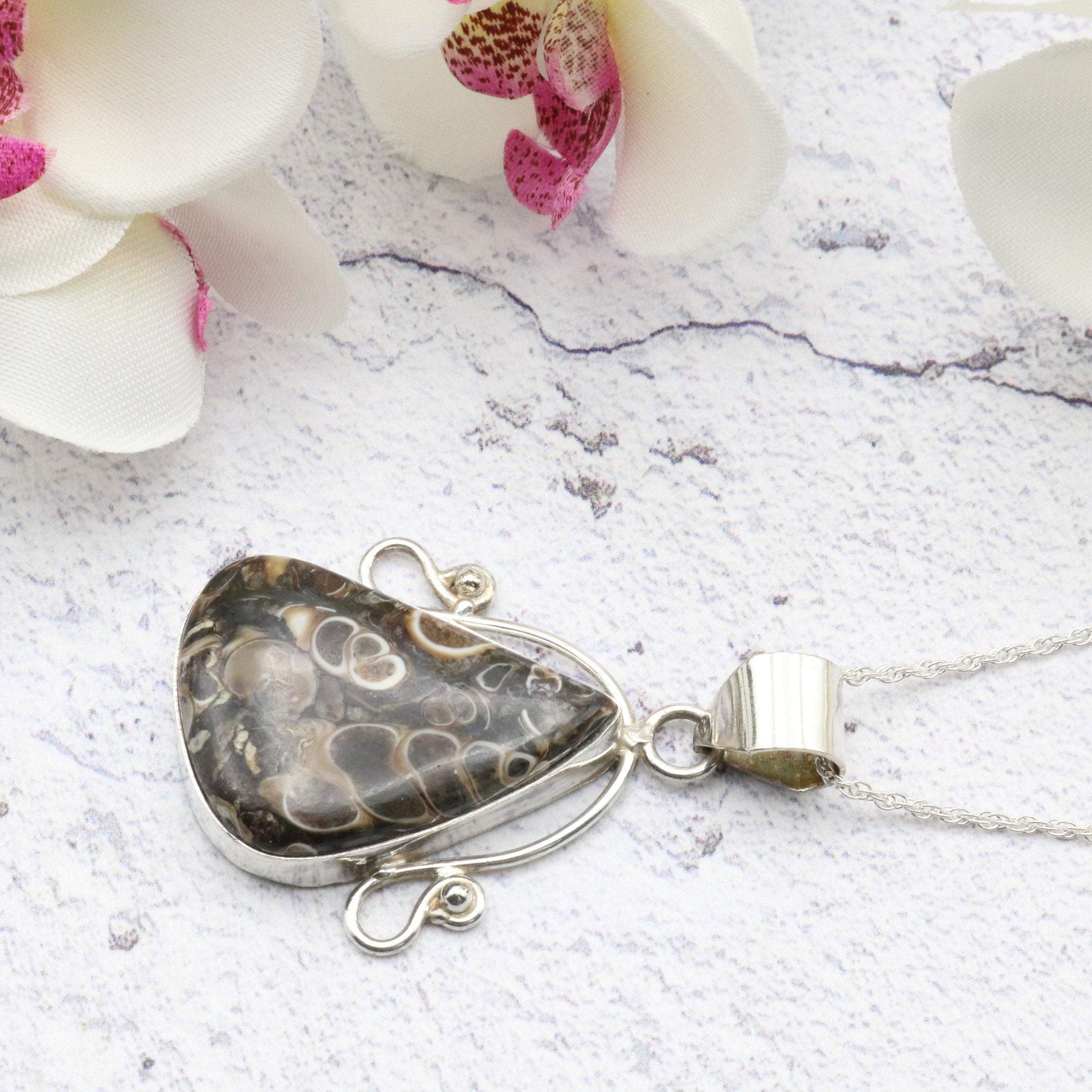 Hepburn and Hughes Fossilised Turritella Shell Pendant, Curved Triangle in Sterling Silver