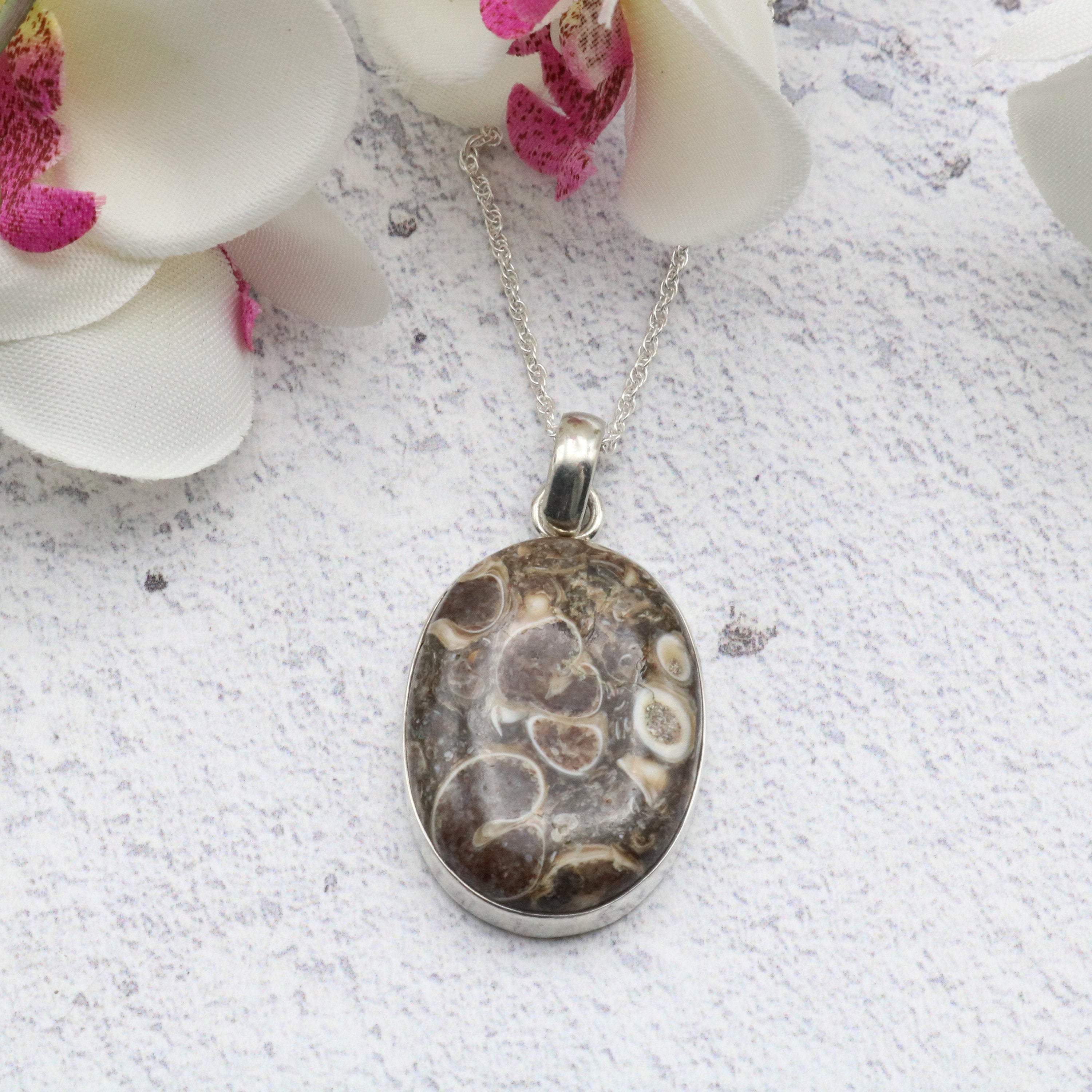 Hepburn and Hughes Fossilised Turritella Shell Pendant, Oval in Sterling Silver