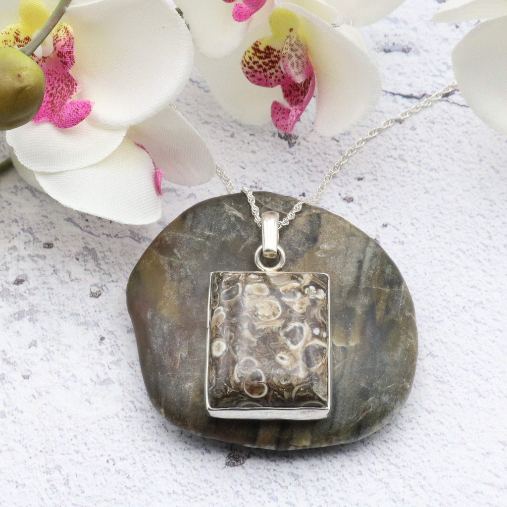 Hepburn and Hughes Fossilised Turritella Shell Pendant, Rectangle in Sterling Silver