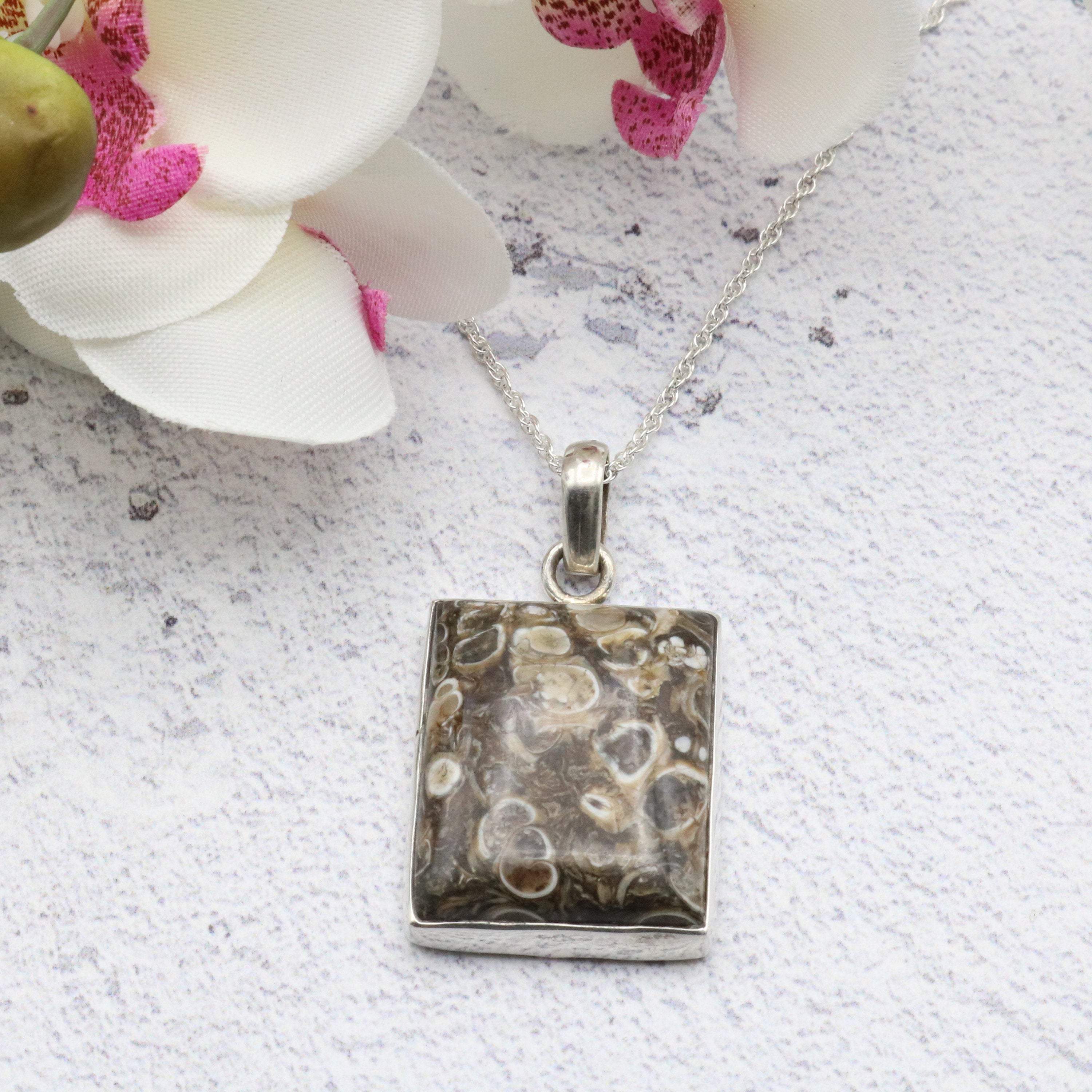 Hepburn and Hughes Fossilised Turritella Shell Pendant, Rectangle in Sterling Silver