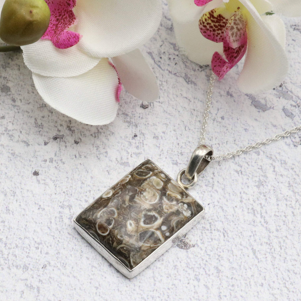 Hepburn and Hughes Fossilised Turritella Shell Pendant, Rectangle in Sterling Silver