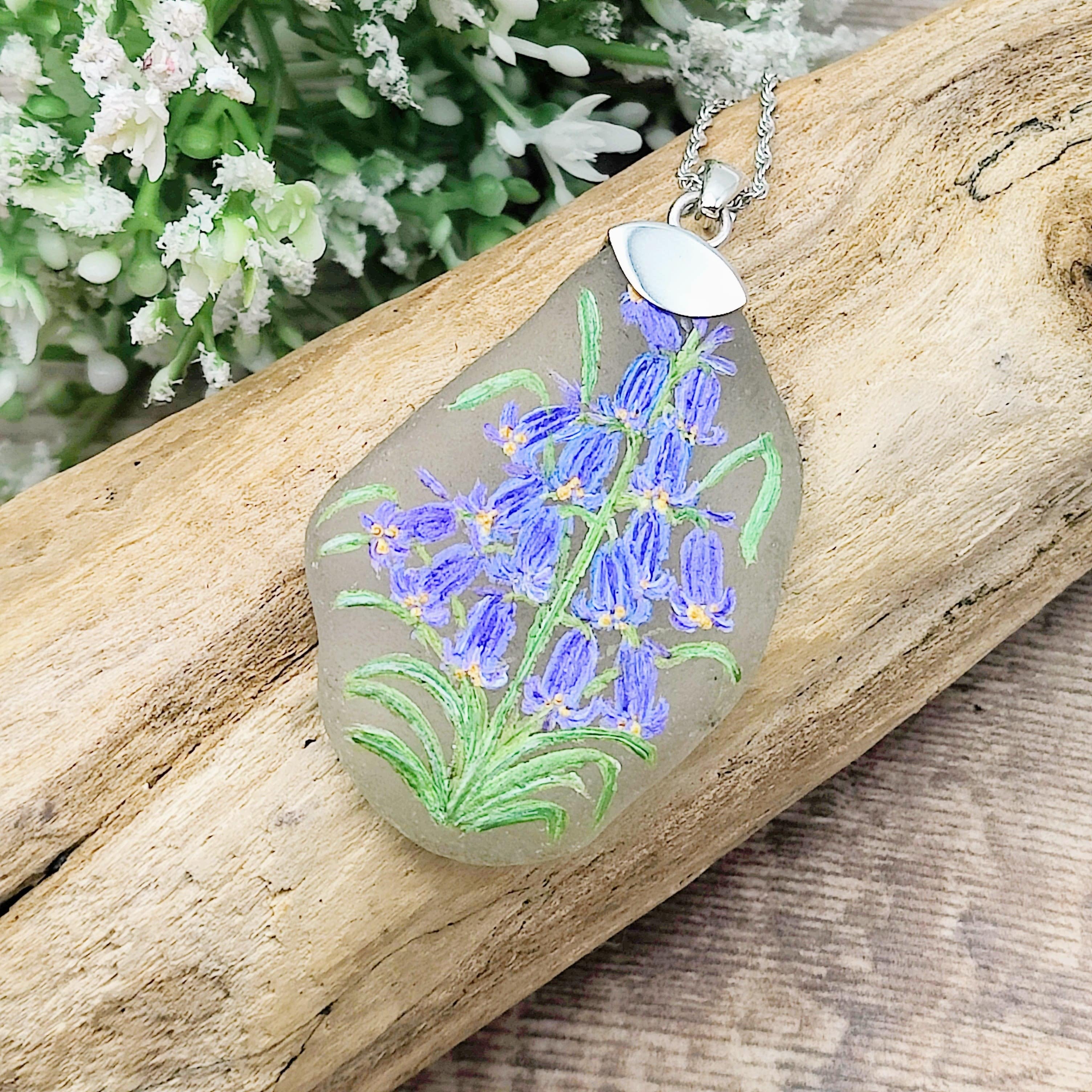 Hepburn and Hughes Hand Painted Sea Glass Pendant | Bluebell | Sterling Silver
