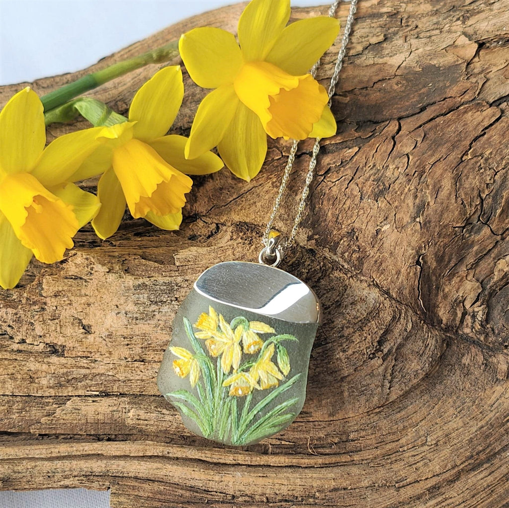 Hepburn and Hughes Hand Painted Sea Glass Pendant | Daffodil | Sterling Silver
