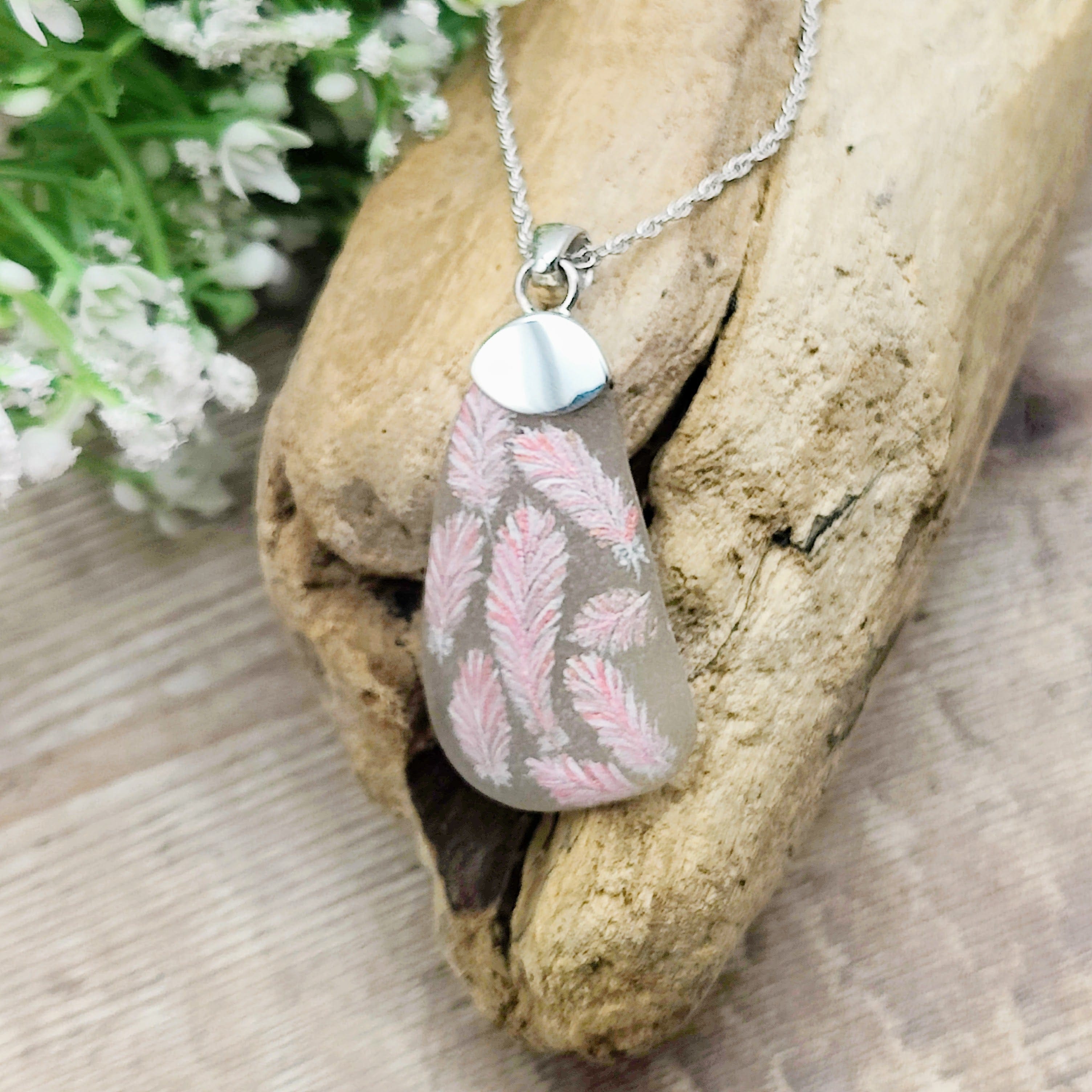 Hepburn and Hughes Hand Painted Sea Glass Pendant | Floating Feathers | Sterling Silver