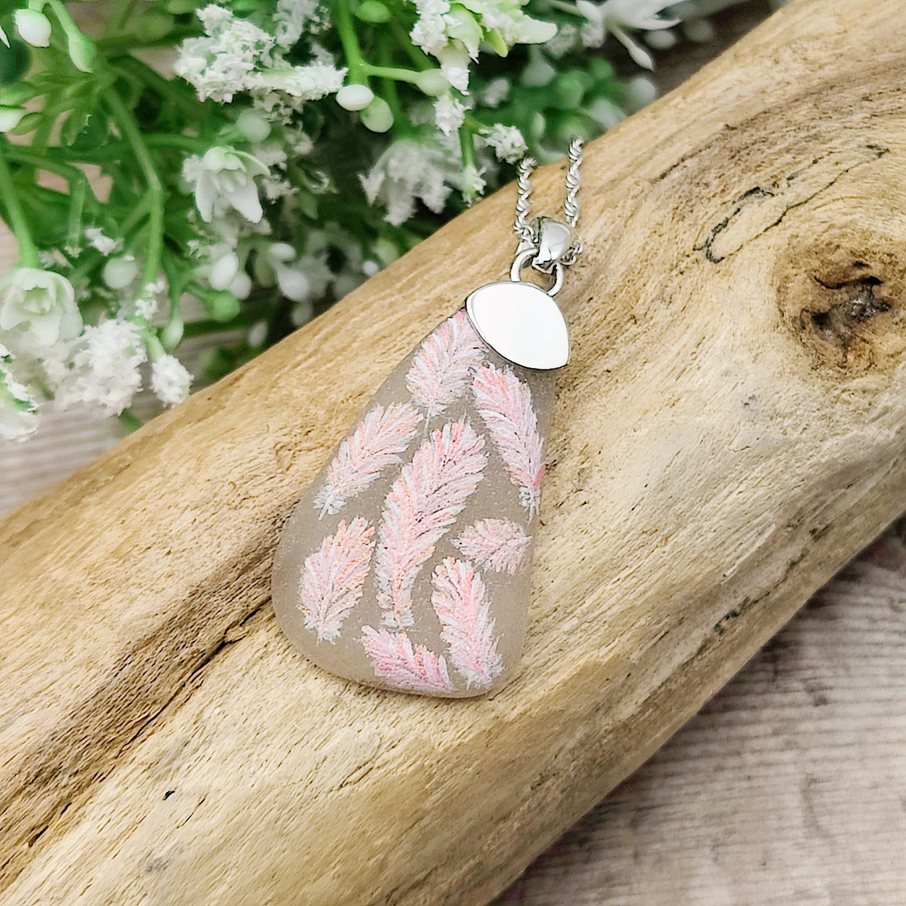 Hepburn and Hughes Hand Painted Sea Glass Pendant | Floating Feathers | Sterling Silver