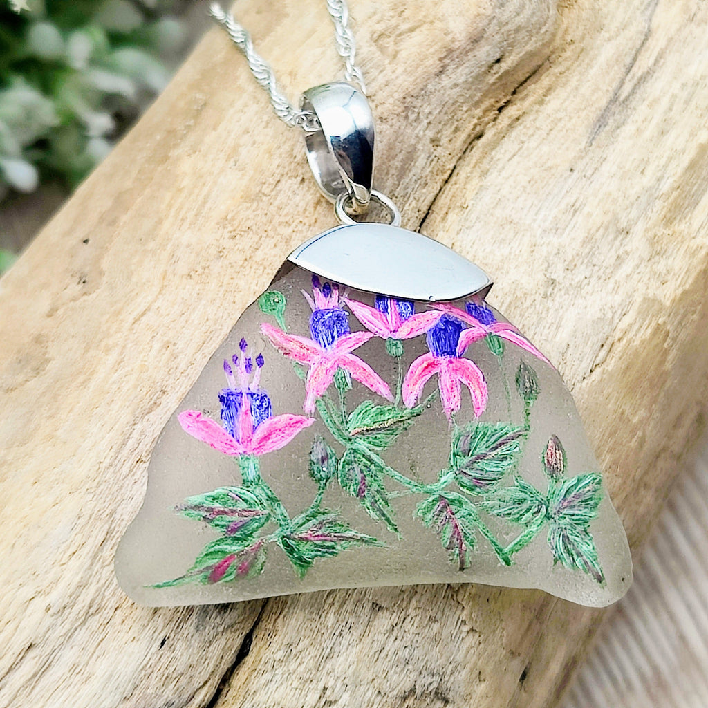Hepburn and Hughes Hand Painted Sea Glass Pendant | Fuchsia | Sterling Silver
