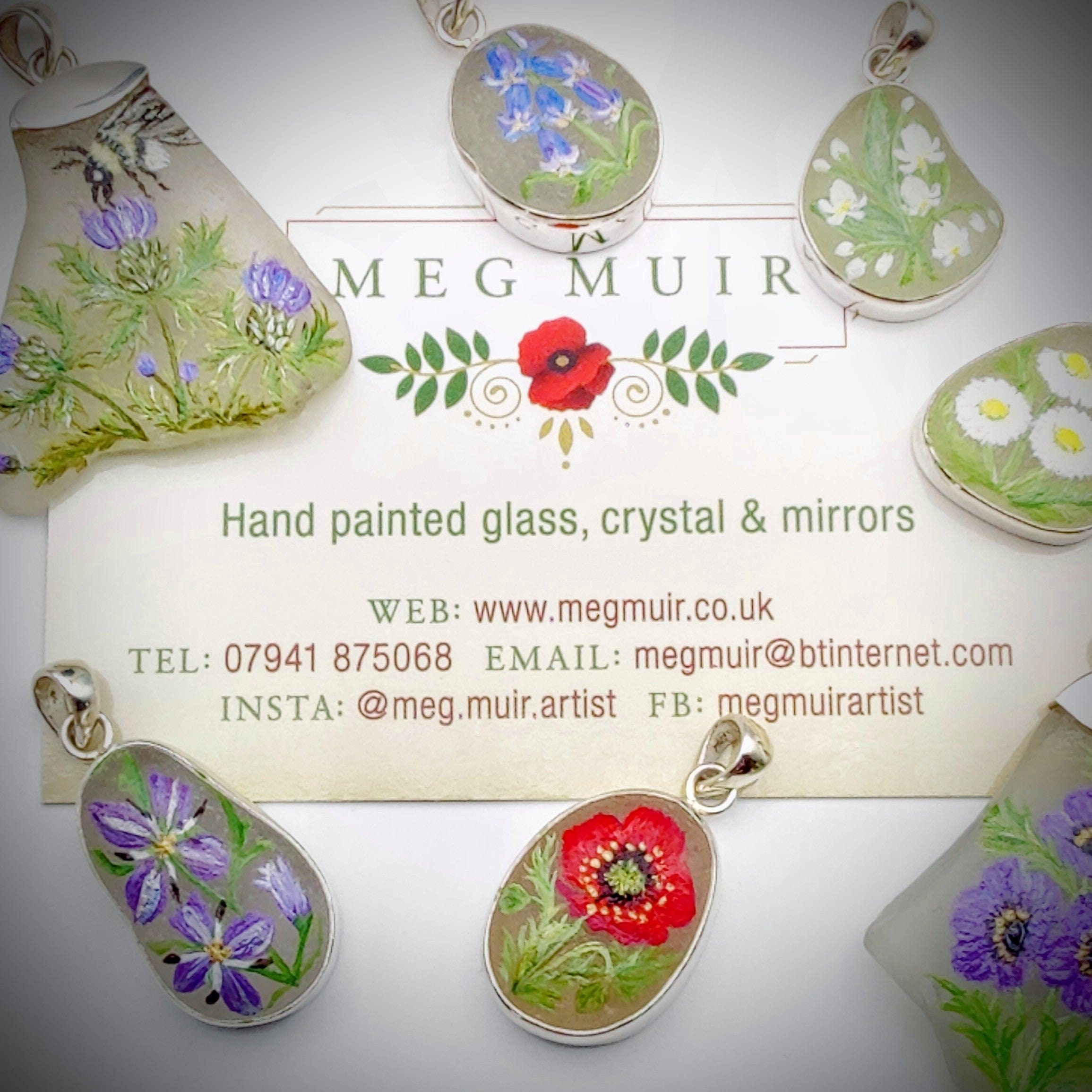 Hepburn and Hughes Hand Painted Sea Glass Pendant | Lily of the valley | Sterling Silver