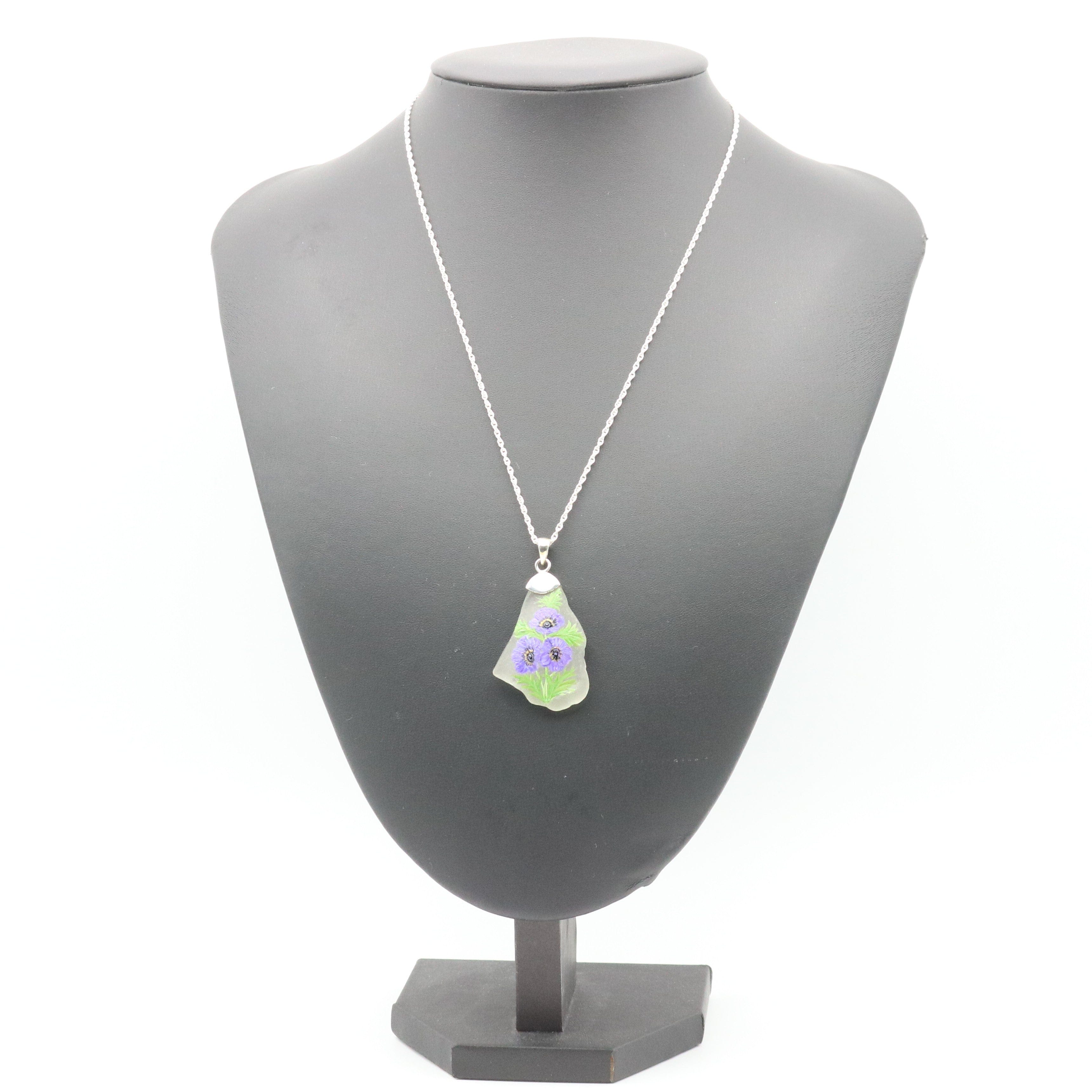 Hepburn and Hughes Hand Painted Sea Glass Pendant | Purple Anemone | Sterling Silver