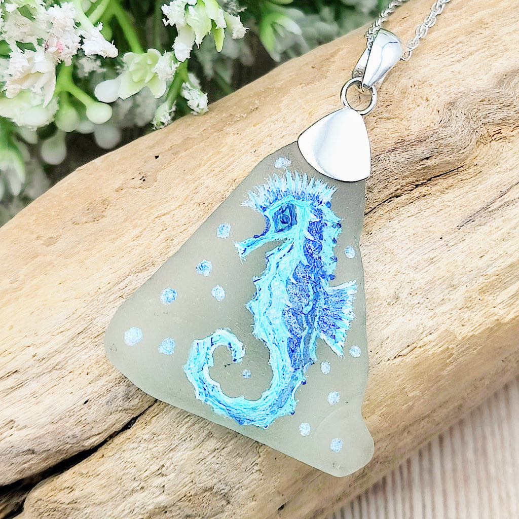 Hepburn and Hughes Hand Painted Sea Glass Pendant | Sea Horse | Sterling Silver