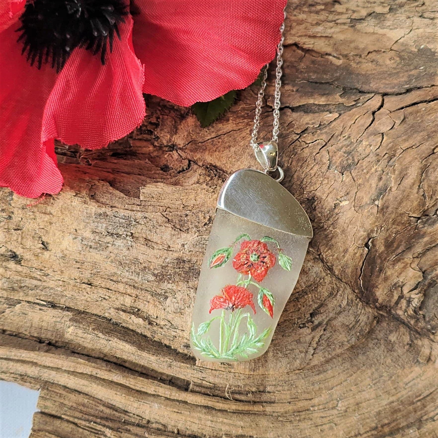 Hepburn and Hughes Hand Painted Sea Glass Pendant | Wild Poppy | Sterling Silver