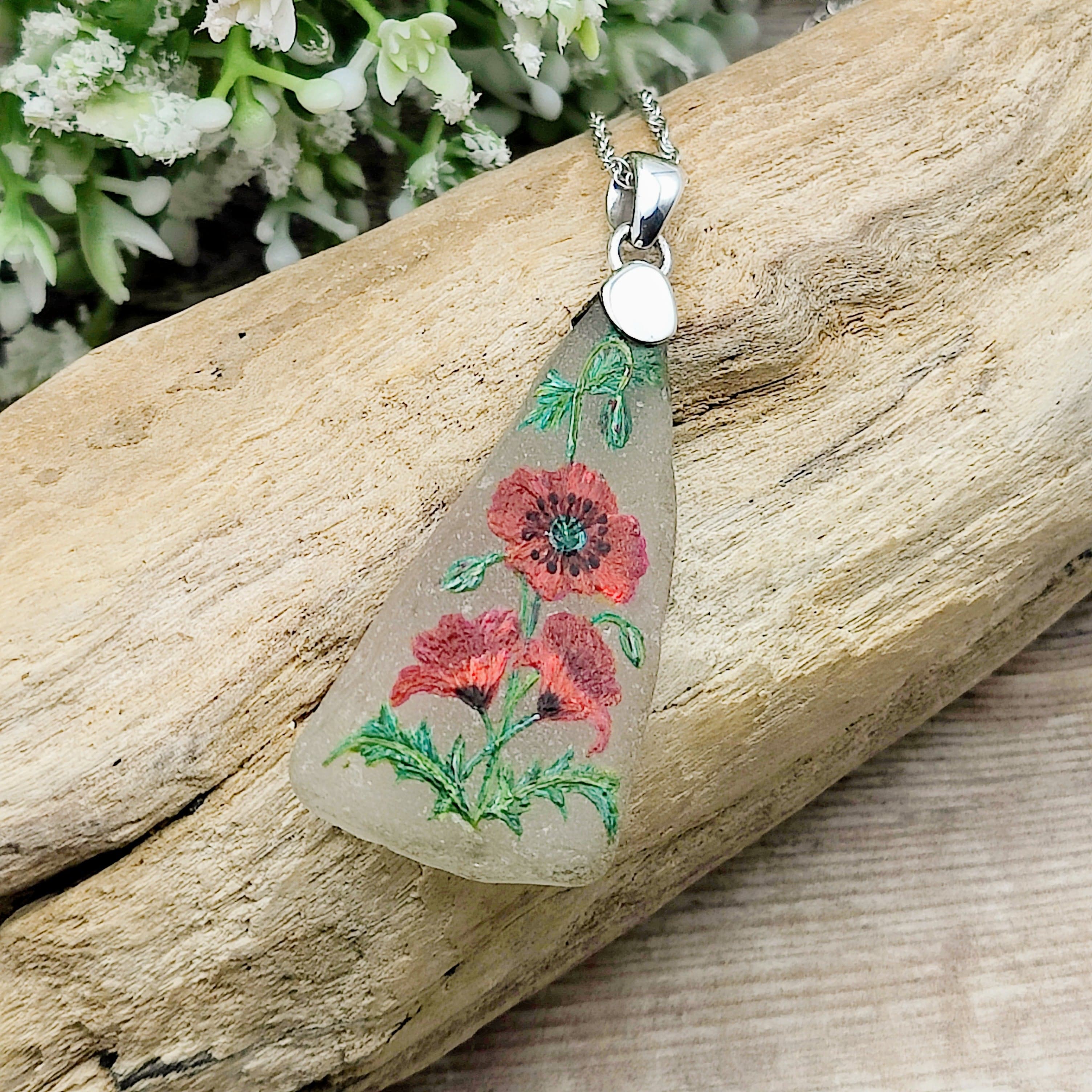 Hepburn and Hughes Hand Painted Sea Glass Pendant | Wild Poppy | Sterling Silver