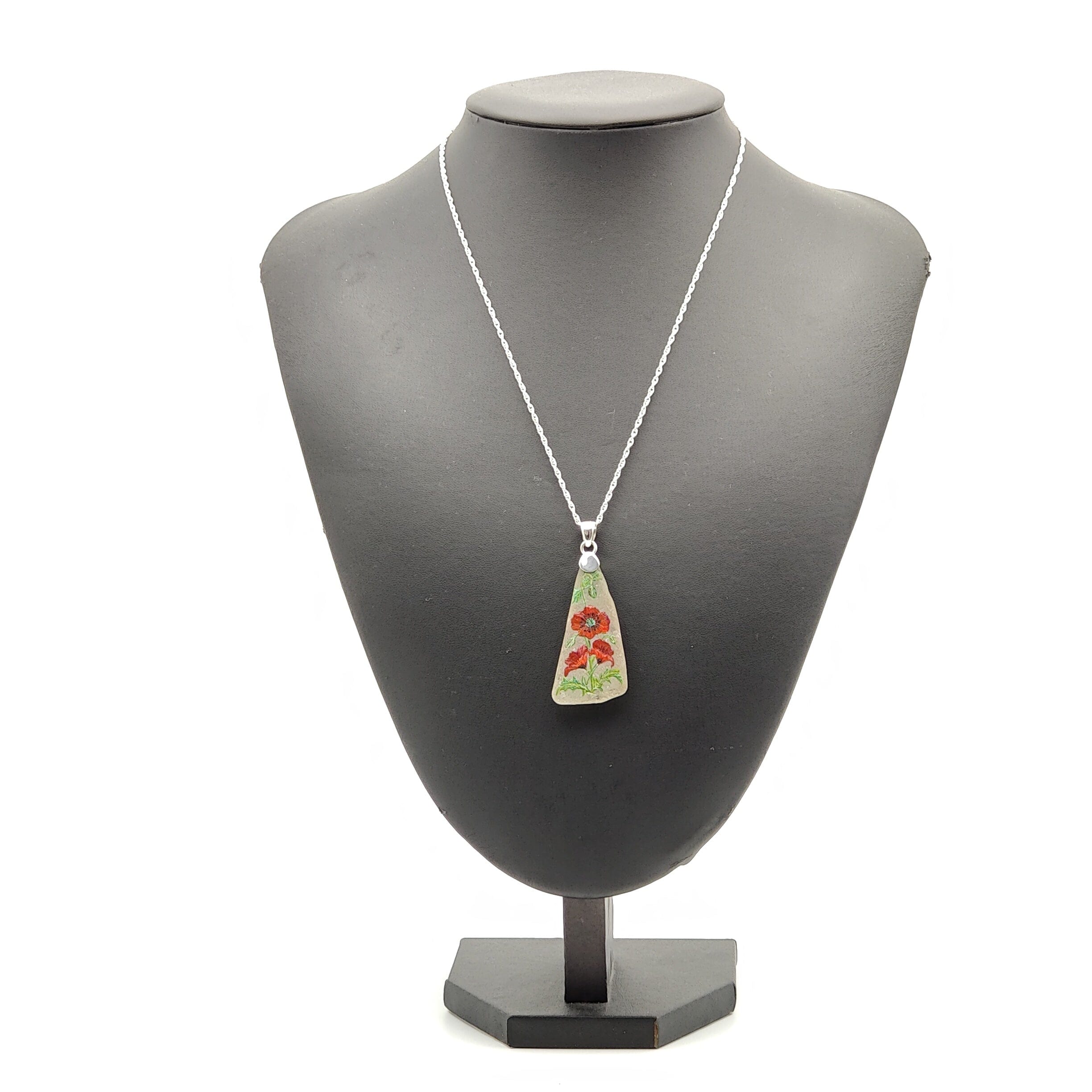 Hepburn and Hughes Hand Painted Sea Glass Pendant | Wild Poppy | Sterling Silver