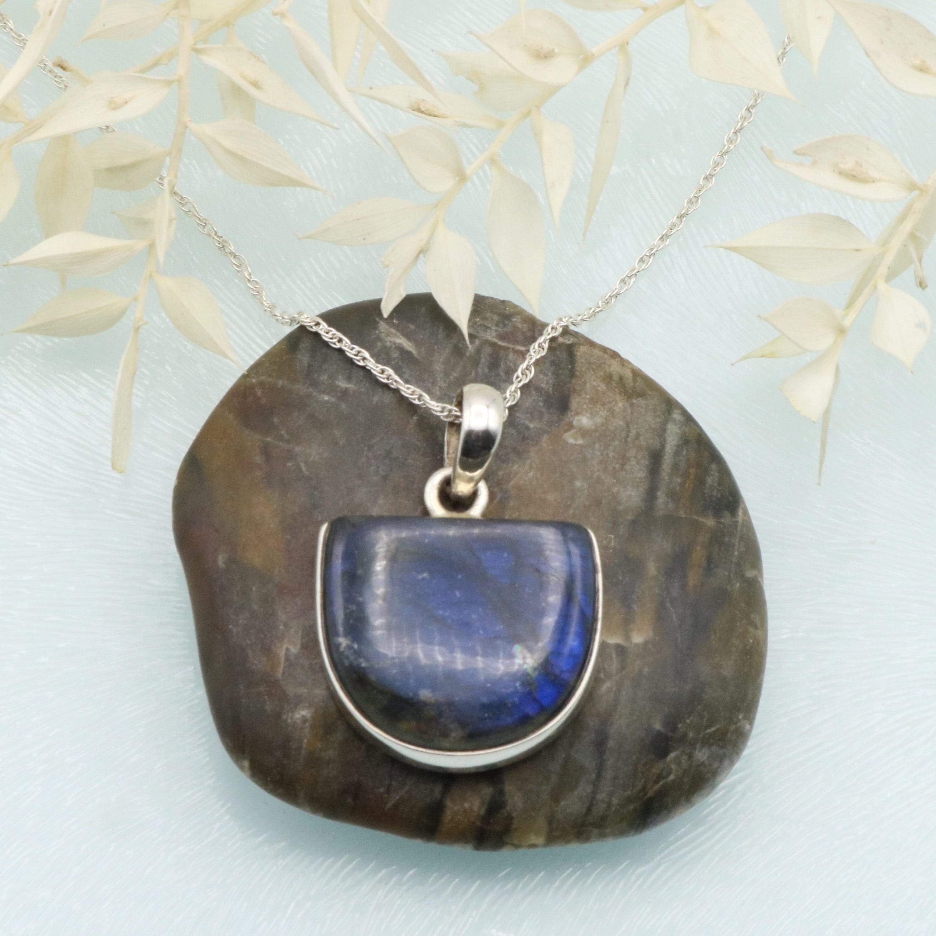 Hepburn and Hughes Labradorite Pendant, Medium Semi-circle in Sterling Silver