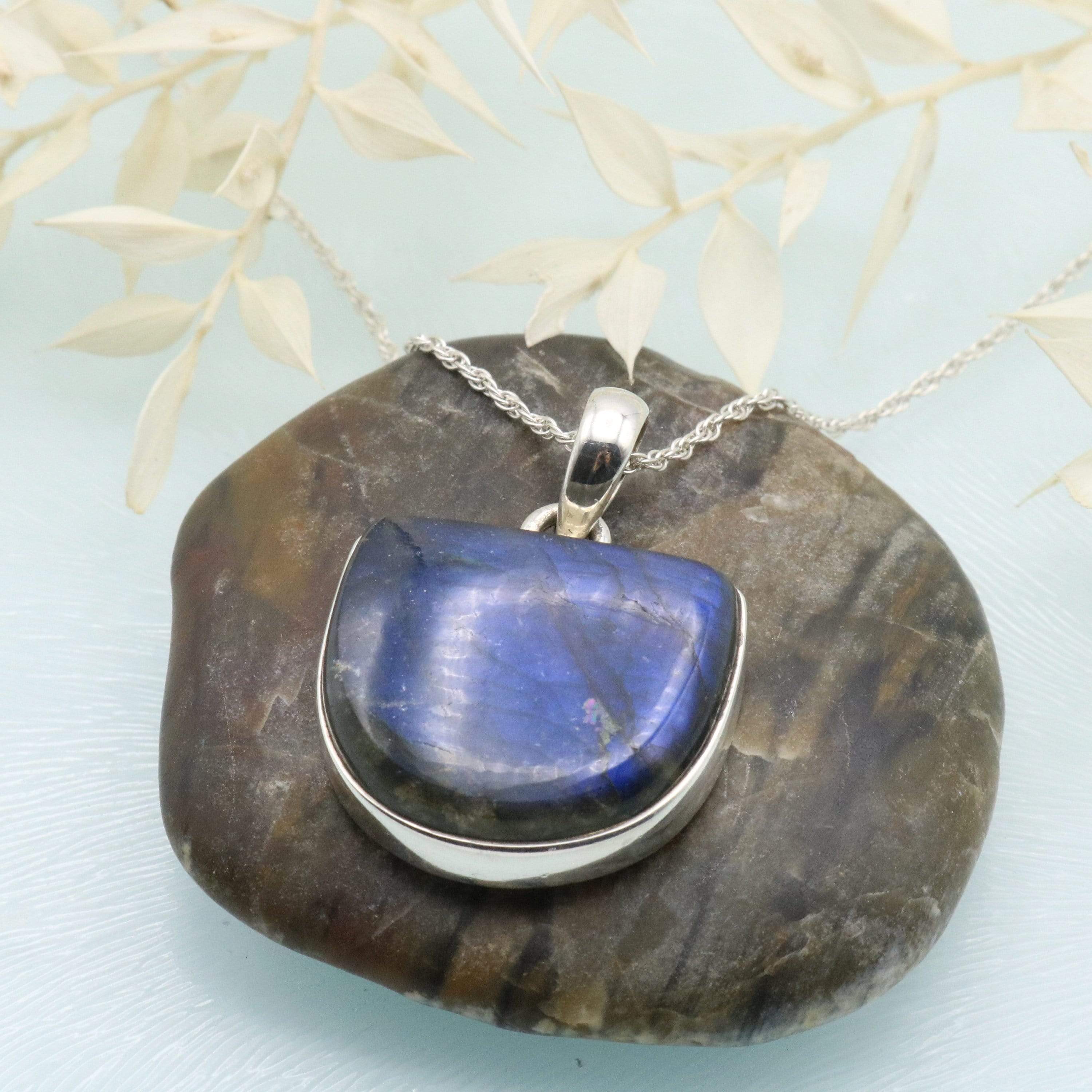 Hepburn and Hughes Labradorite Pendant, Medium Semi-circle in Sterling Silver