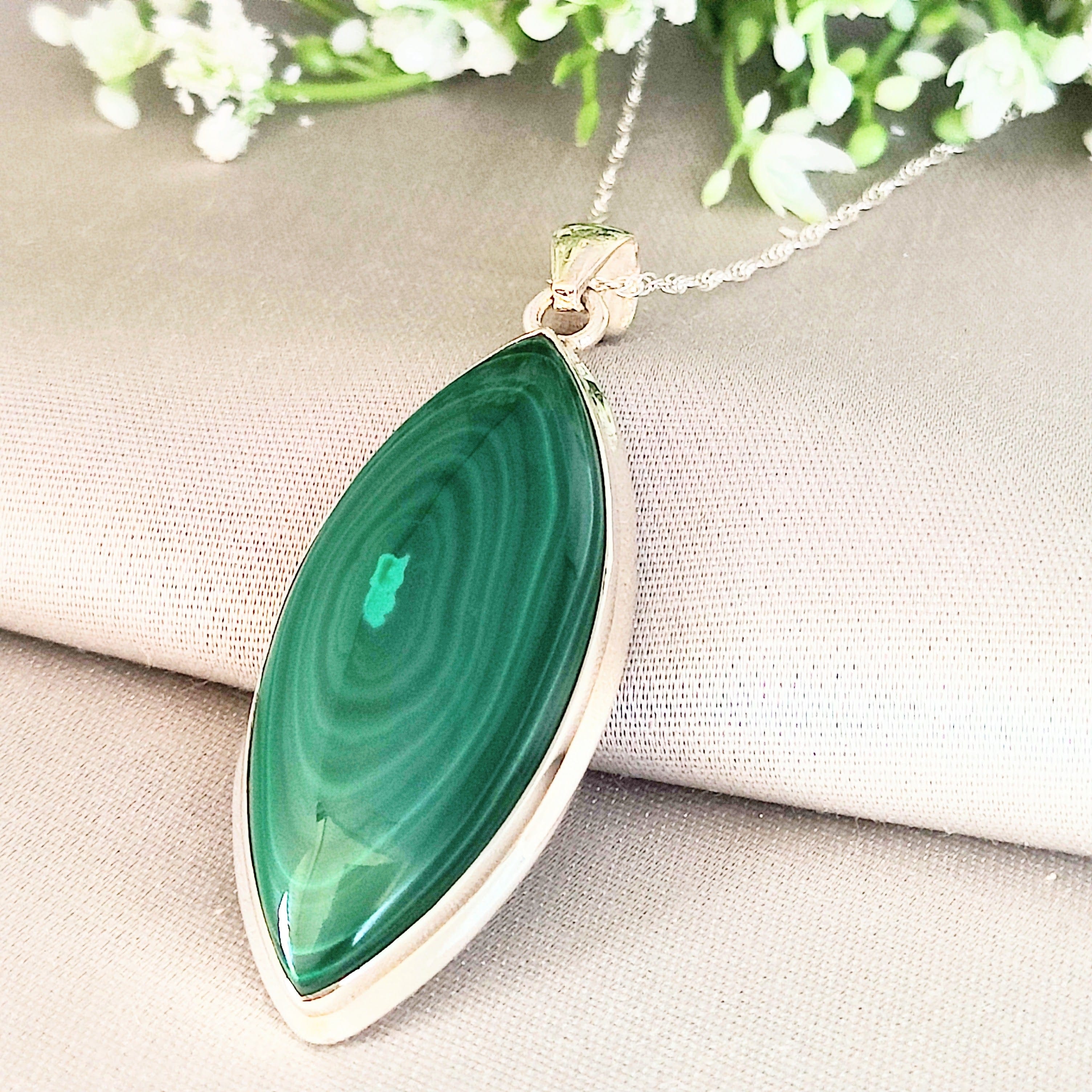 Hepburn and Hughes Malachite Pendant | 50mm pointed oval | Sterling Silver