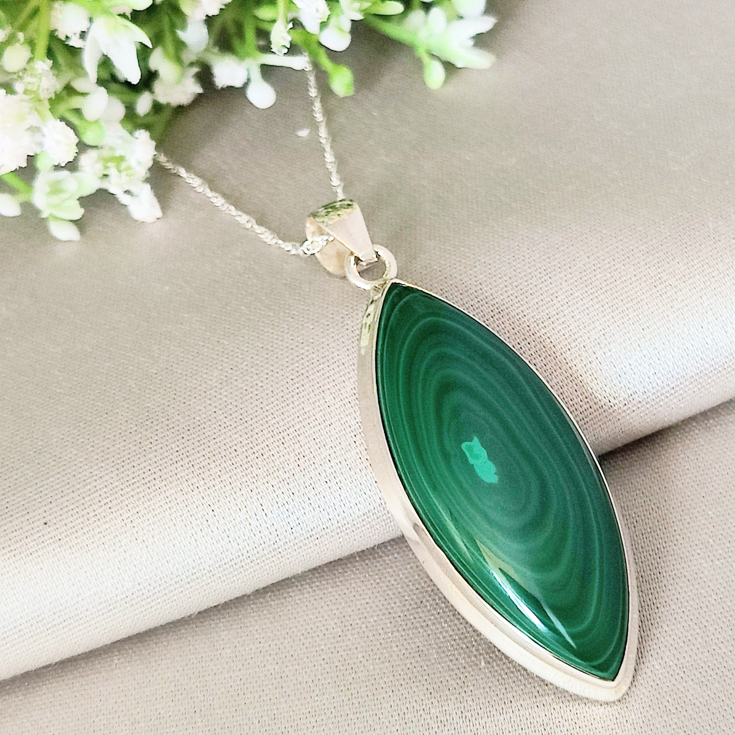 Hepburn and Hughes Malachite Pendant | 50mm pointed oval | Sterling Silver