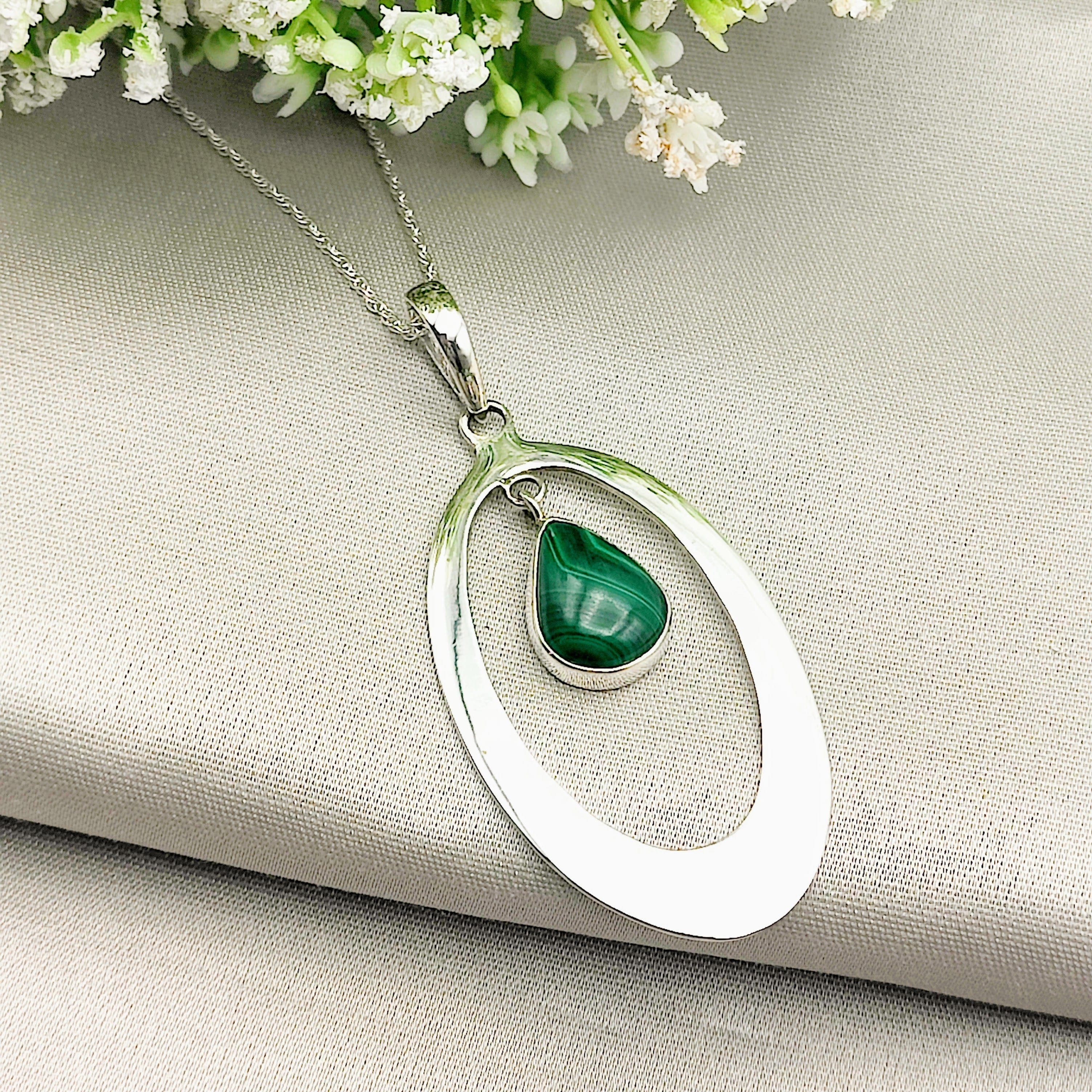 Hepburn and Hughes Malachite Pendant | Silver Oval Hoop | 2 Options | Sterling Silver