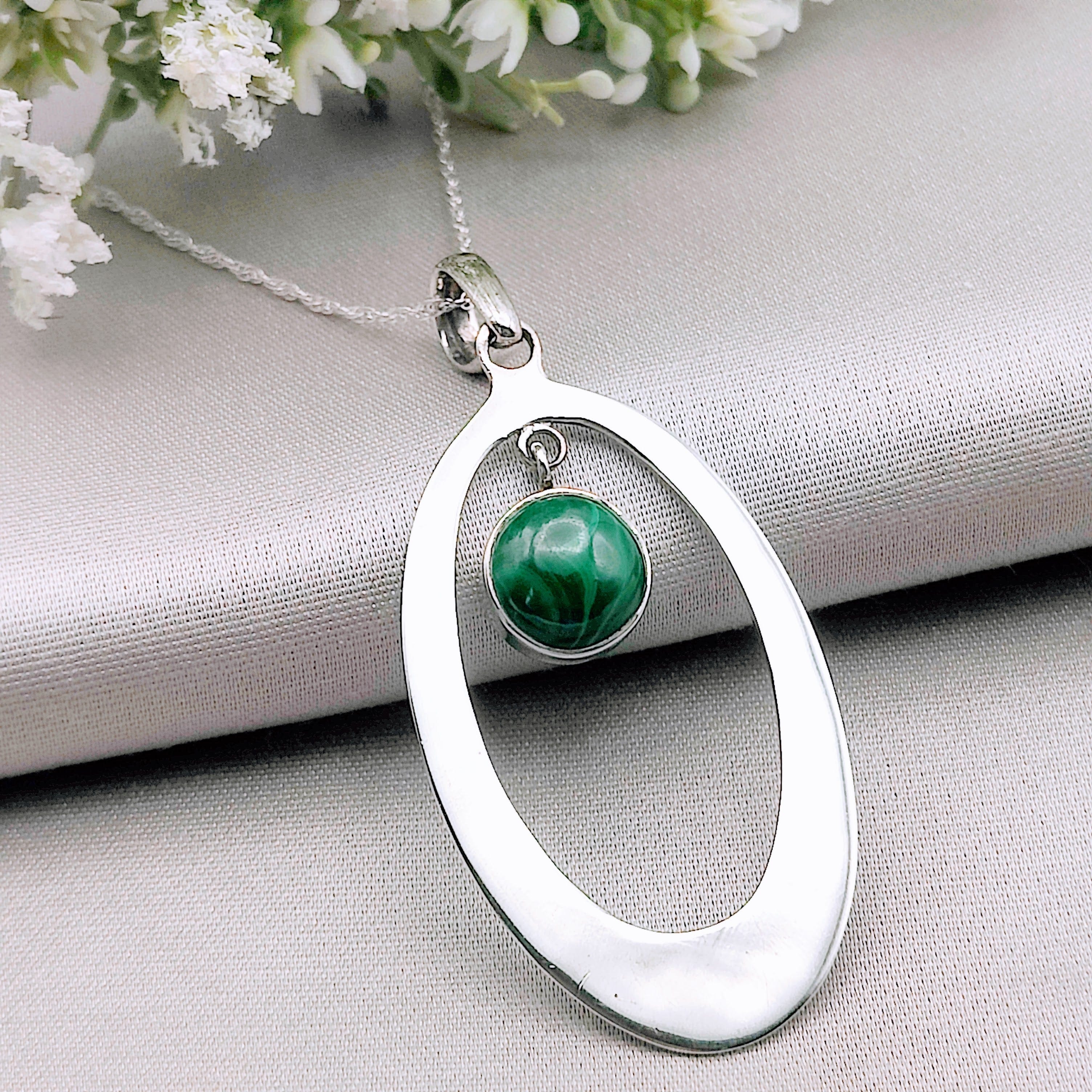 Hepburn and Hughes Malachite Pendant | Silver Oval Hoop | 2 Options | Sterling Silver