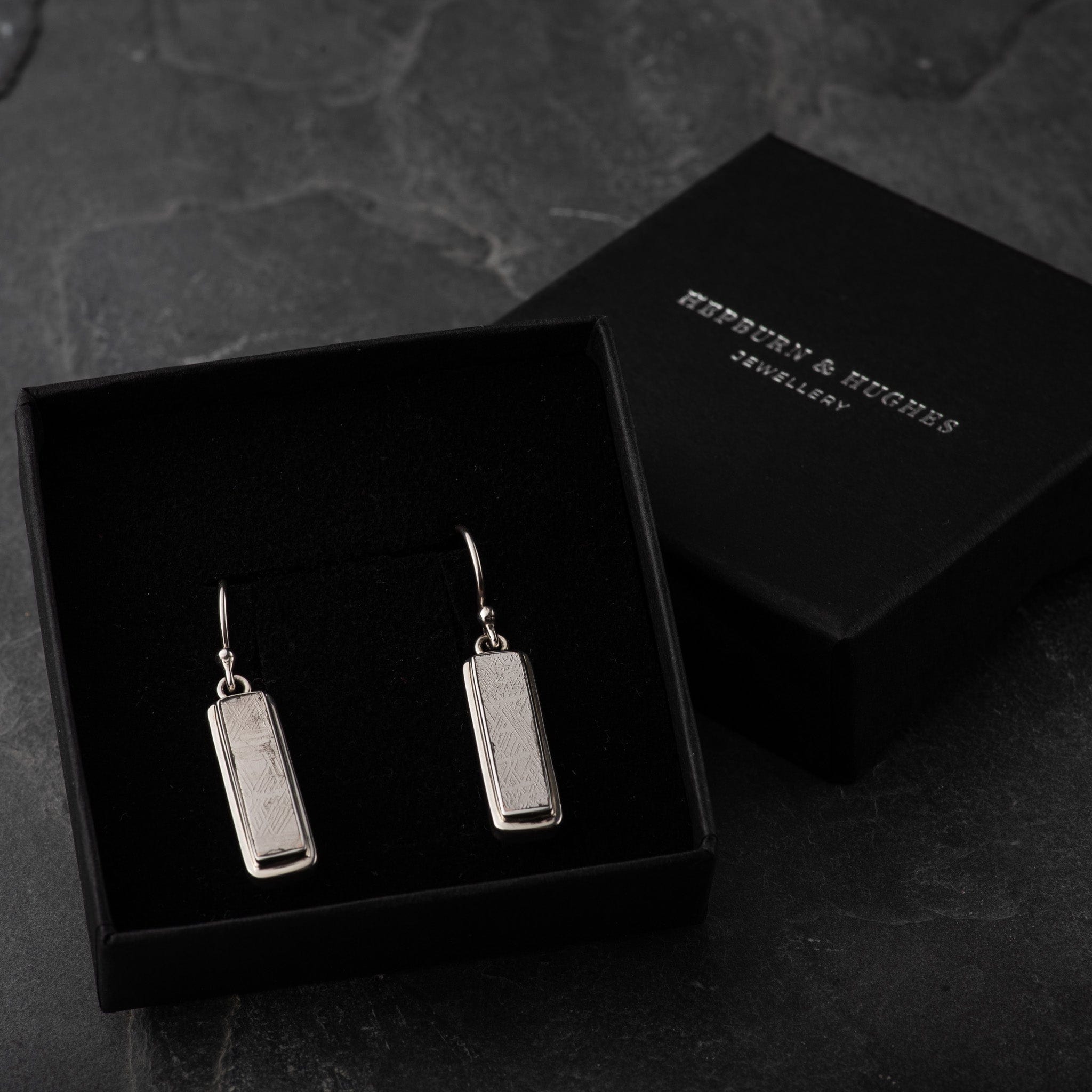 Hepburn and Hughes Meteorite Earrings, Long Rectangular drop in Sterling Silver