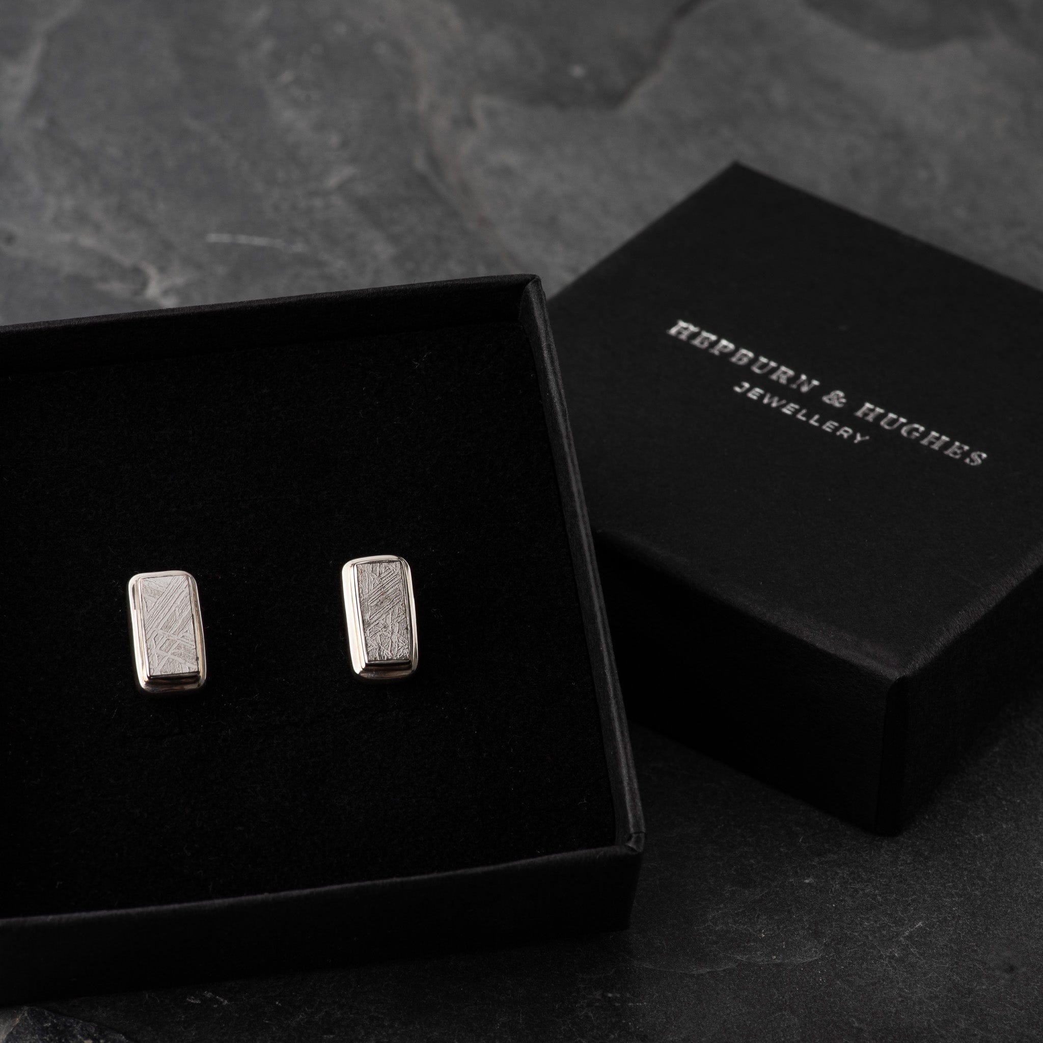 Hepburn and Hughes Meteorite Earrings, Rectangular Stud in Sterling Silver