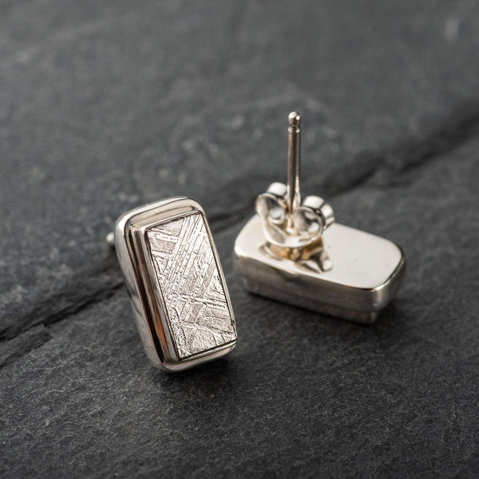 Hepburn and Hughes Meteorite Earrings, Rectangular Stud in Sterling Silver