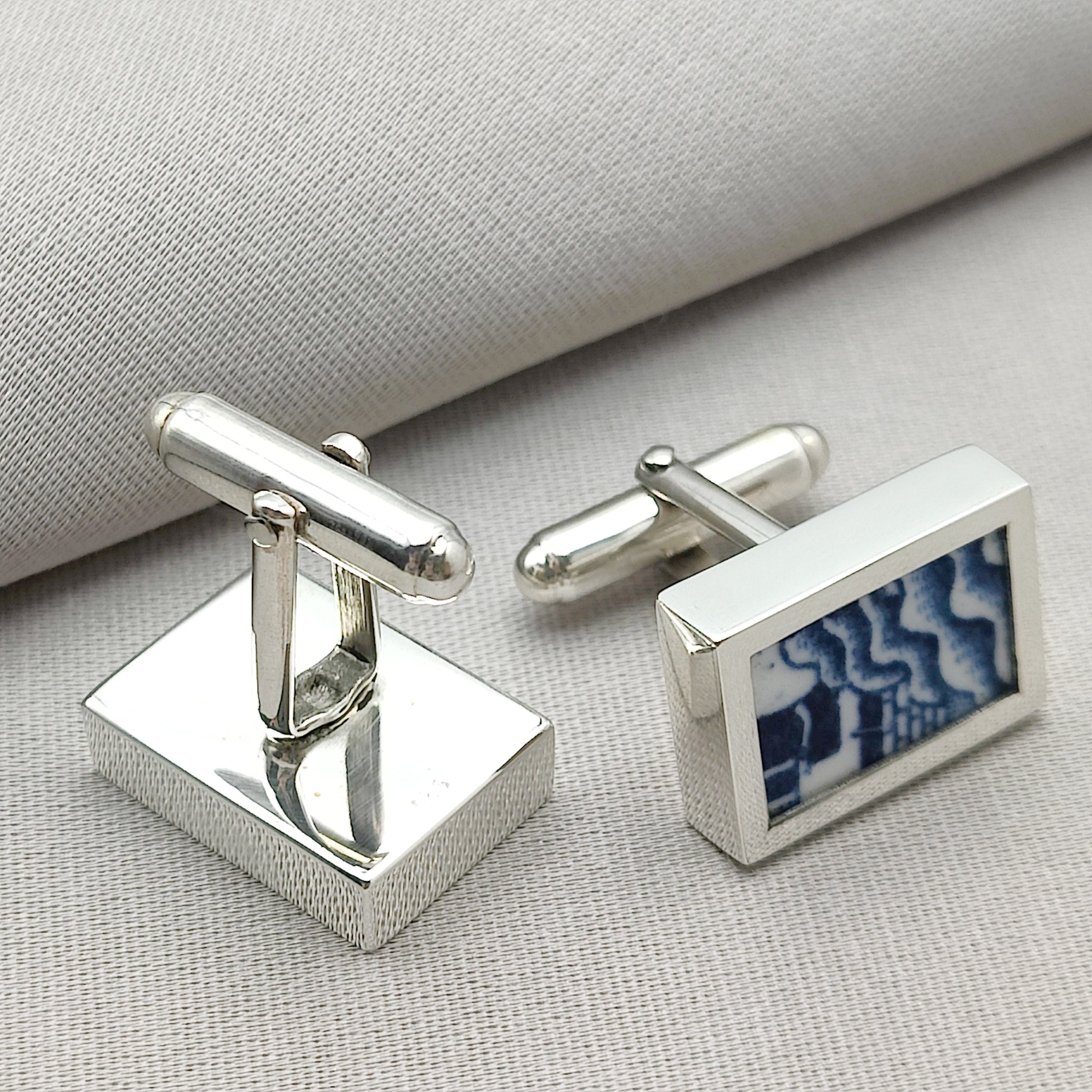 Hepburn and Hughes Minton pottery cufflinks | Willow pattern | Rectangle | sterling silver