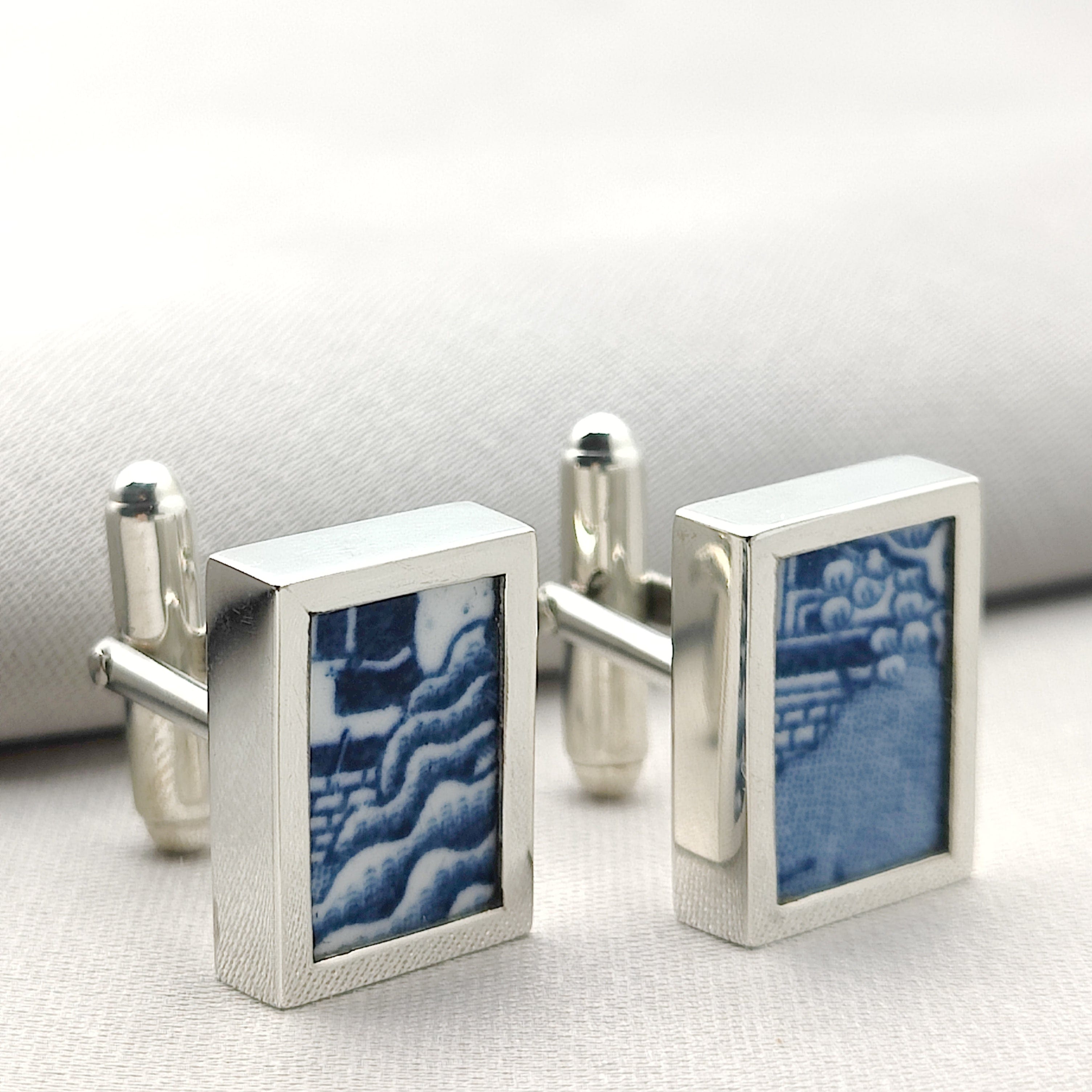 Hepburn and Hughes Minton pottery cufflinks | Willow pattern | Rectangle | sterling silver