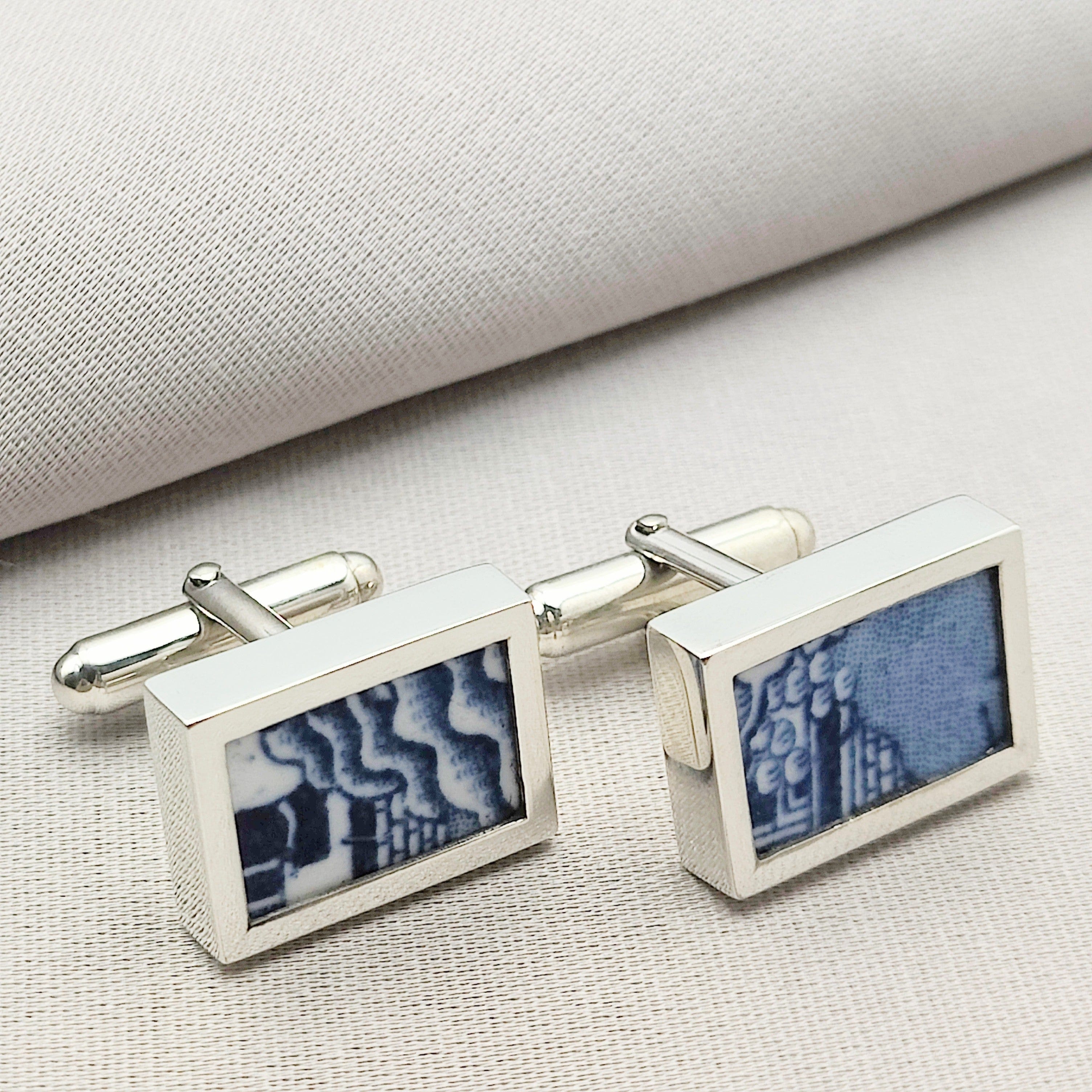 Hepburn and Hughes Minton pottery cufflinks | Willow pattern | Rectangle | sterling silver