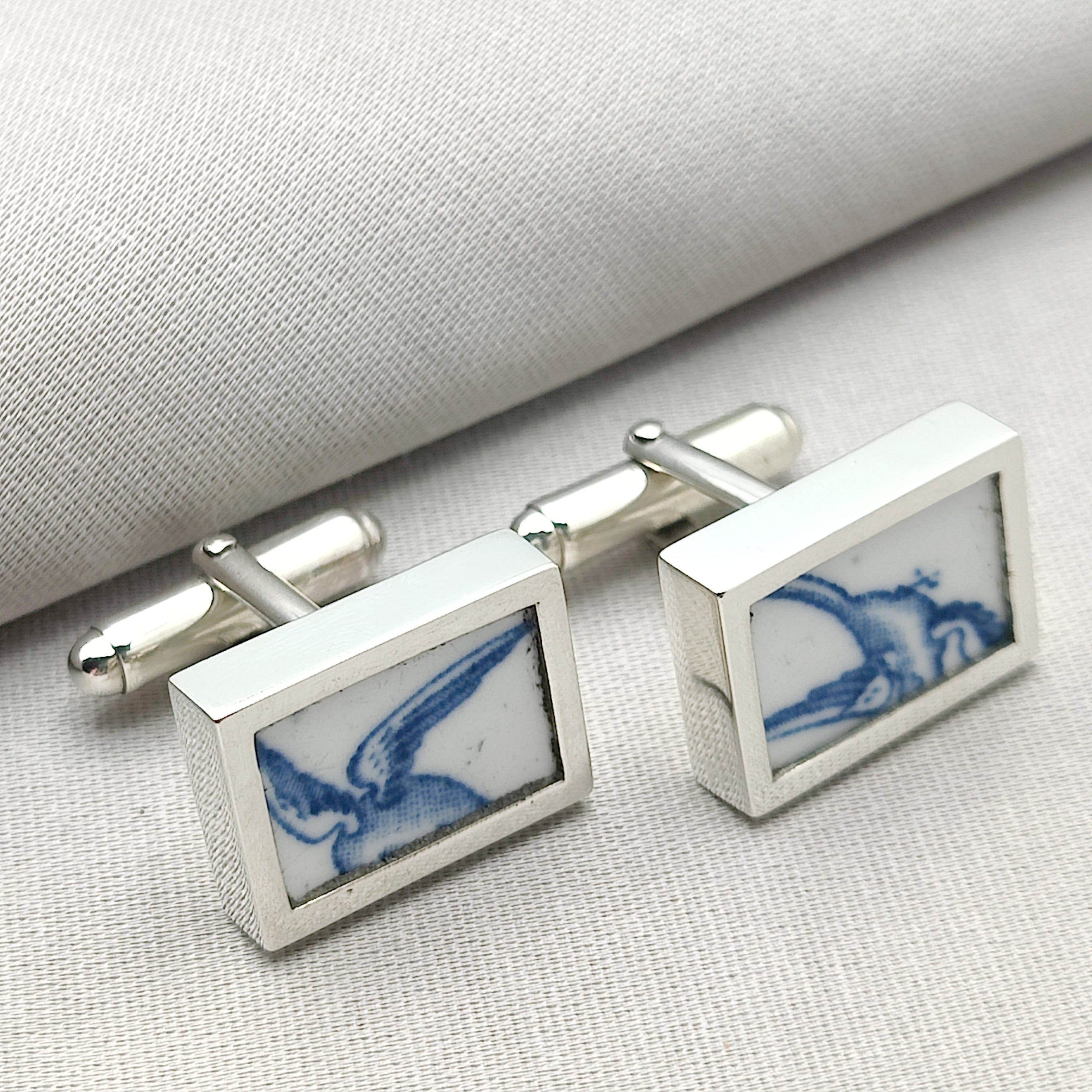 Hepburn and Hughes Minton pottery cufflinks | Willow pattern | Rectangle | sterling silver