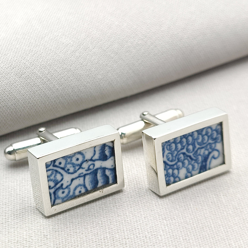 Hepburn and Hughes Minton pottery cufflinks | Willow pattern | Rectangle | sterling silver