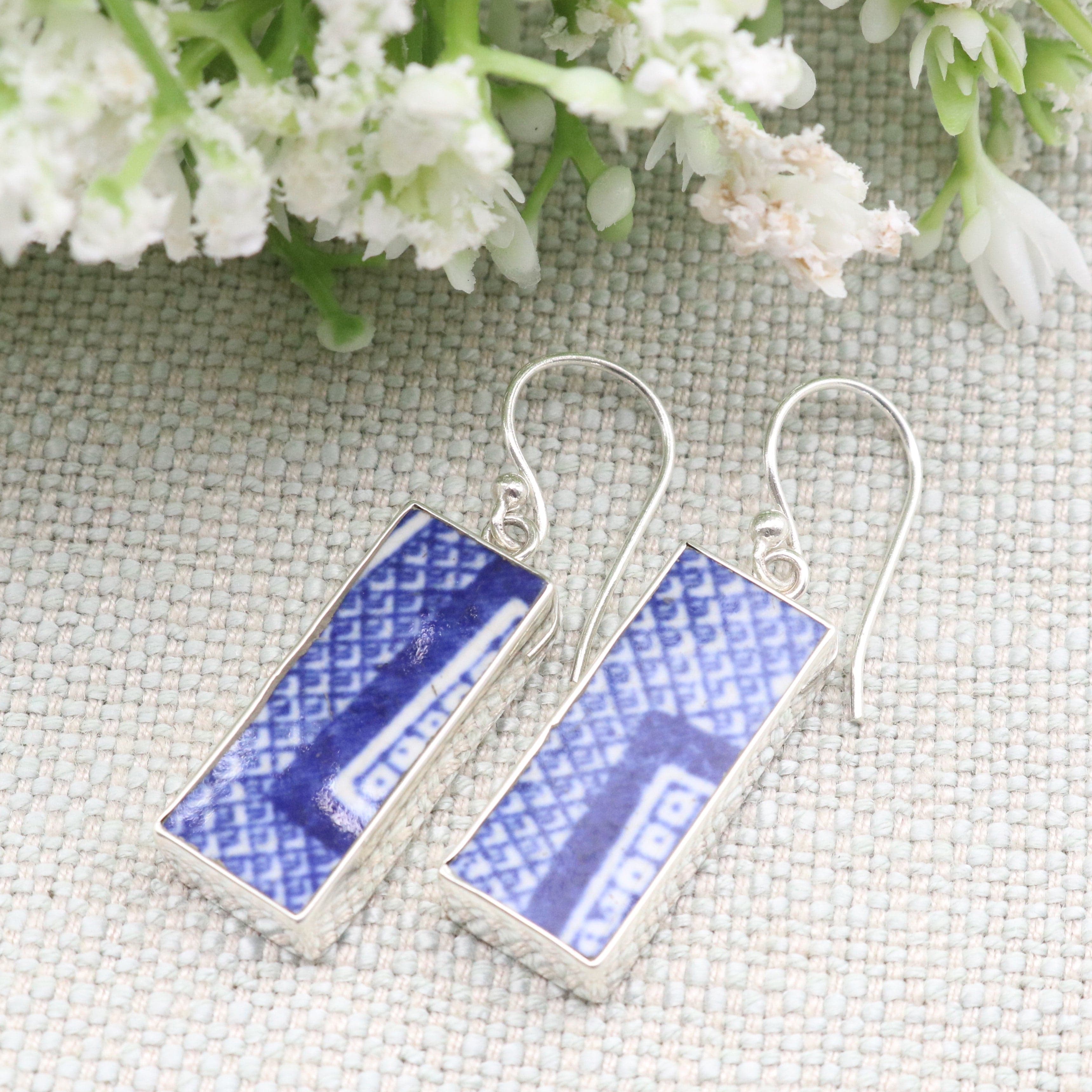 Hepburn and Hughes Minton Pottery Rectangular Earrings in Sterling Silver