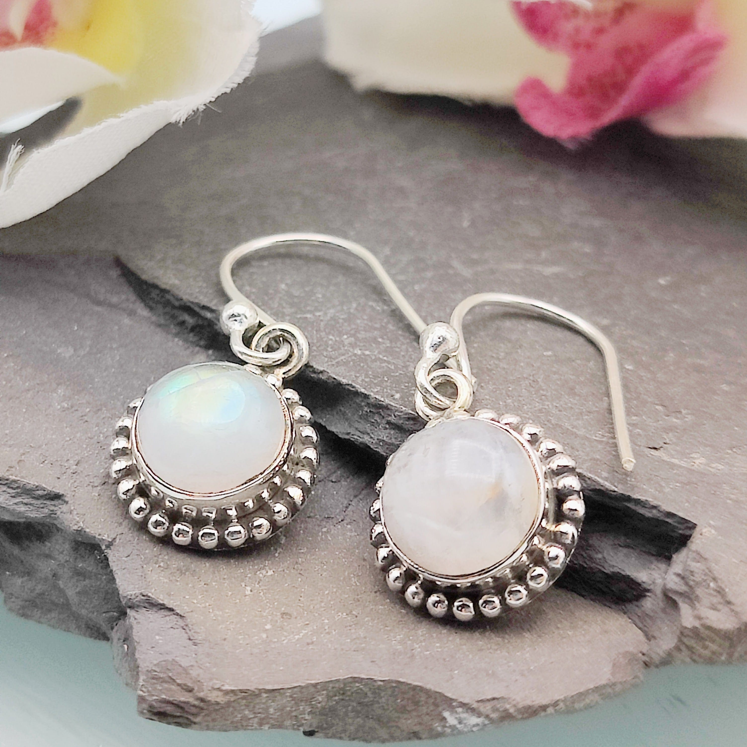 Hepburn and Hughes Moonstone Earrings | Ornate Circle | Sterling Silver