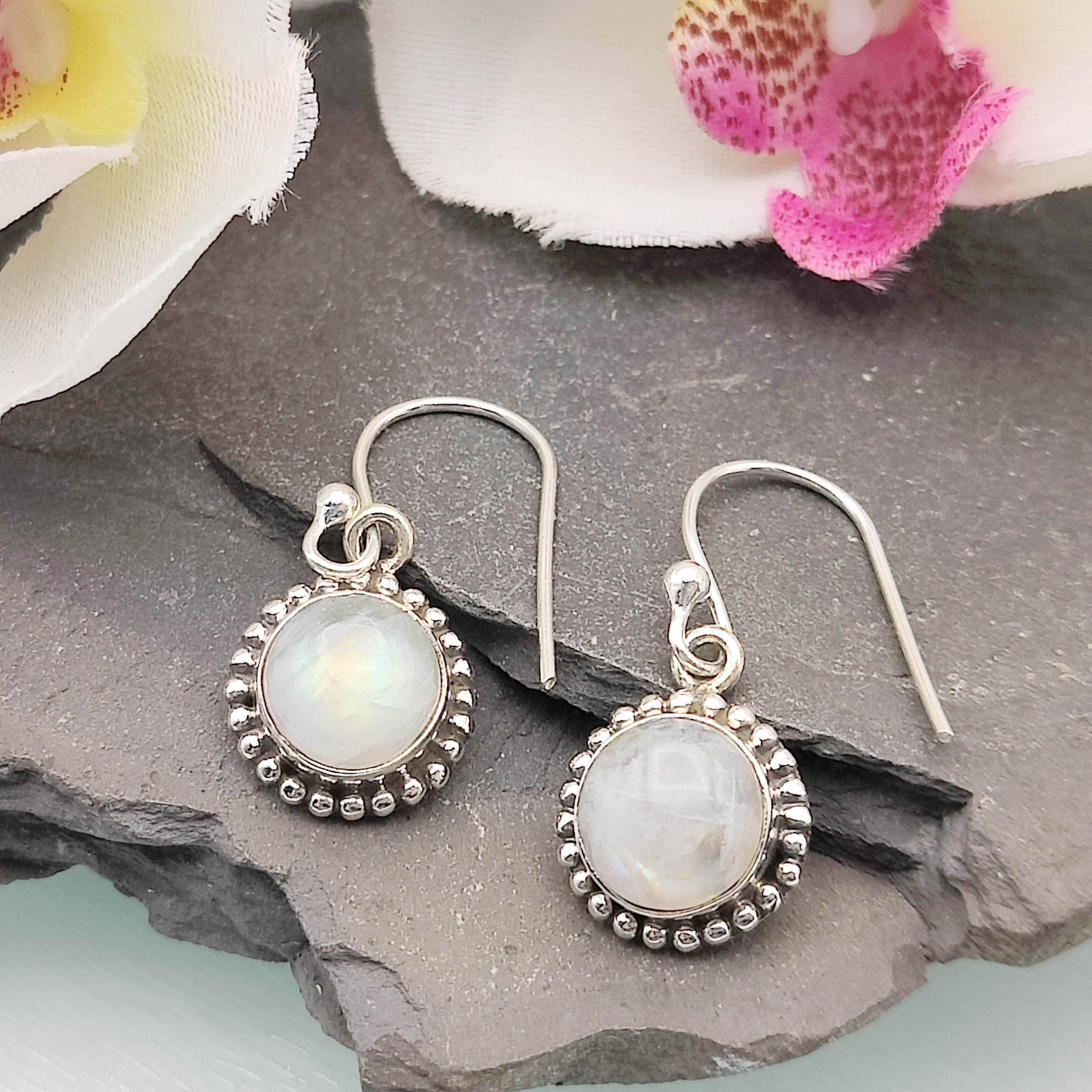 Hepburn and Hughes Moonstone Earrings | Ornate Circle | Sterling Silver