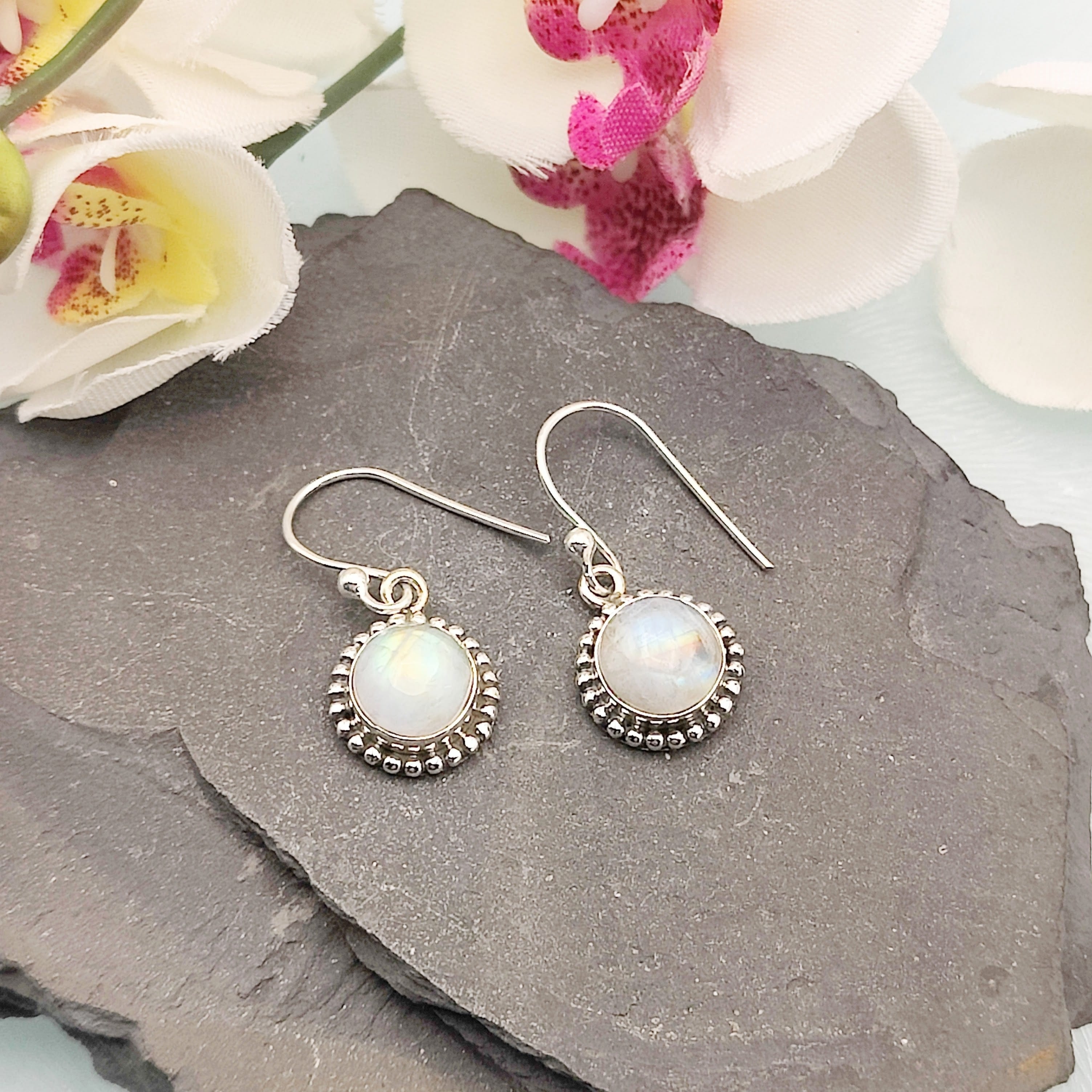 Hepburn and Hughes Moonstone Earrings | Ornate Circle | Sterling Silver